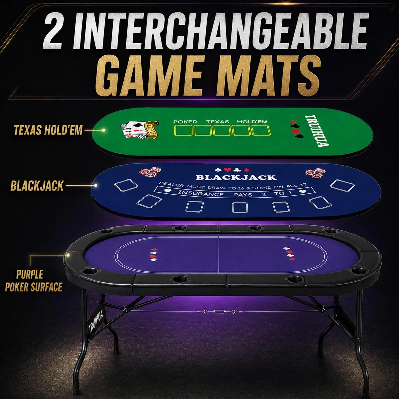 Table de poker pliable de 180 cm pour 8 joueurs, avec 2 tapis de jeu interchangeables en feutre, rail rembourré et porte-gobelets, Texas Hold'em et Blackjack