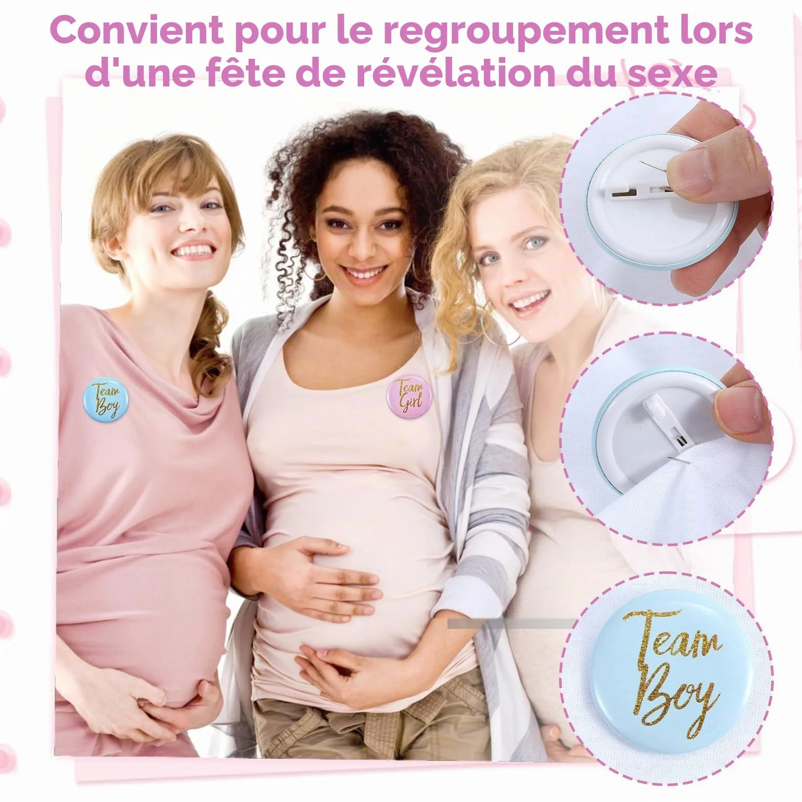 Ouligay Lot de 30 badges révélateurs de sexe 4,5 cm rond Pinback bleu et rose
