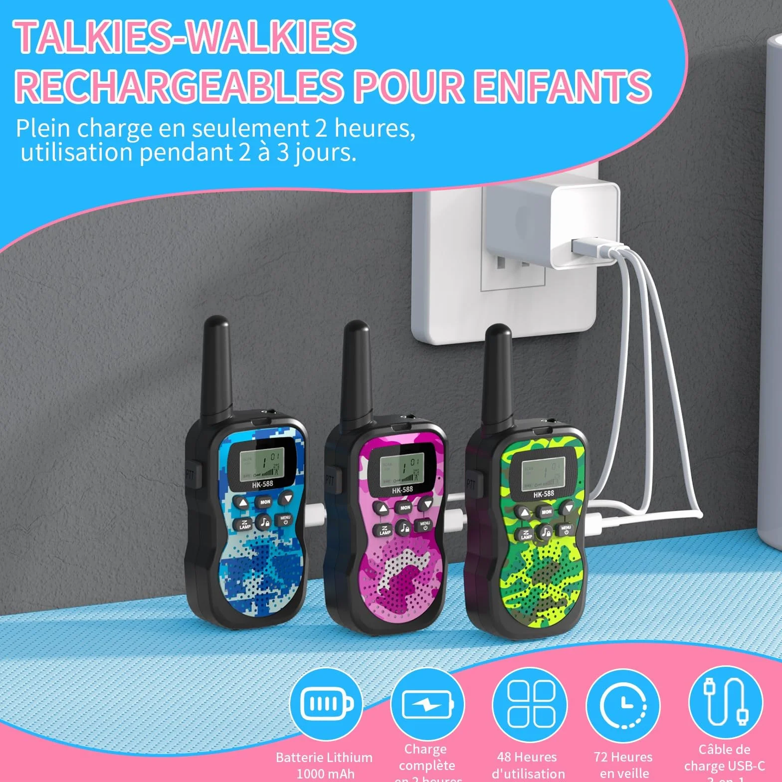 Walkie-Talkies pour Enfants Rechargeables 8 Canaux Autonomie 48h Torche Portée 3KM Camping Jeux