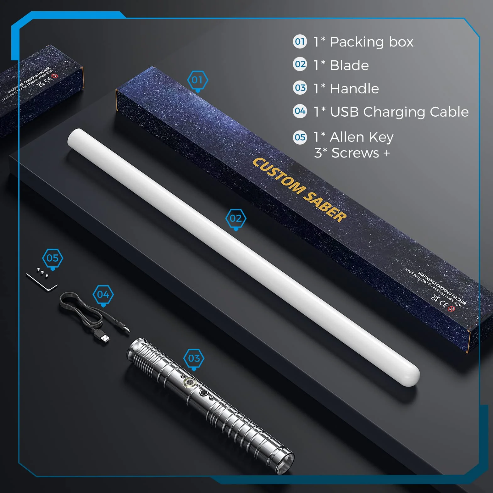 Sabre Laser RGB 7 Couleurs FX Sound Duel USB Rechargeable Métal Aluminium Argent Grip Cosplay