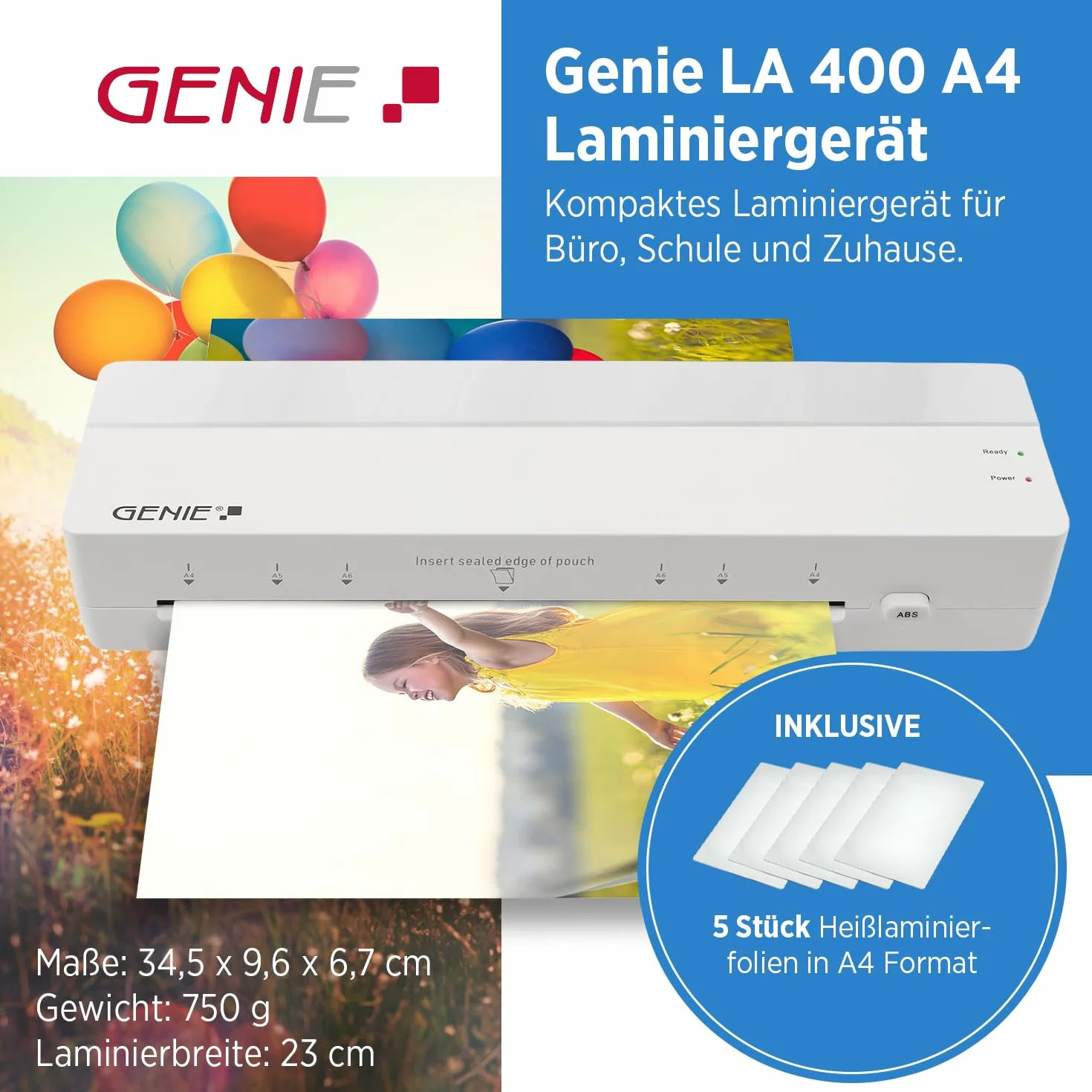 GENIE LA 400 Plastifieuse A4 à chaud 2 rouleaux chauffants Machine à plastifier