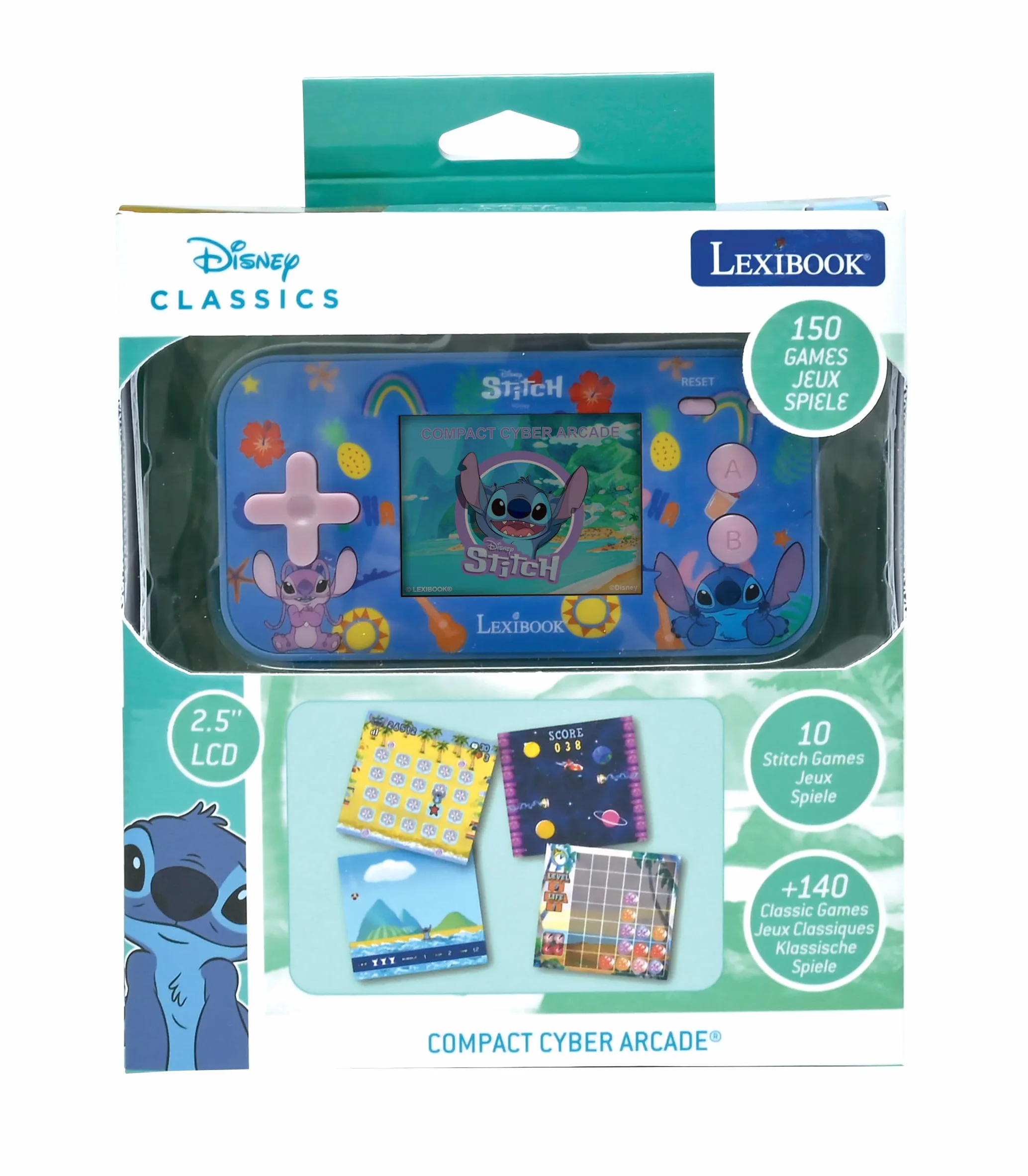 Lexibook Disney Stitch Console Portable Compact Cyber Arcade 150 Jeux Écran Couleur LCD Piles Bleu JL2367D