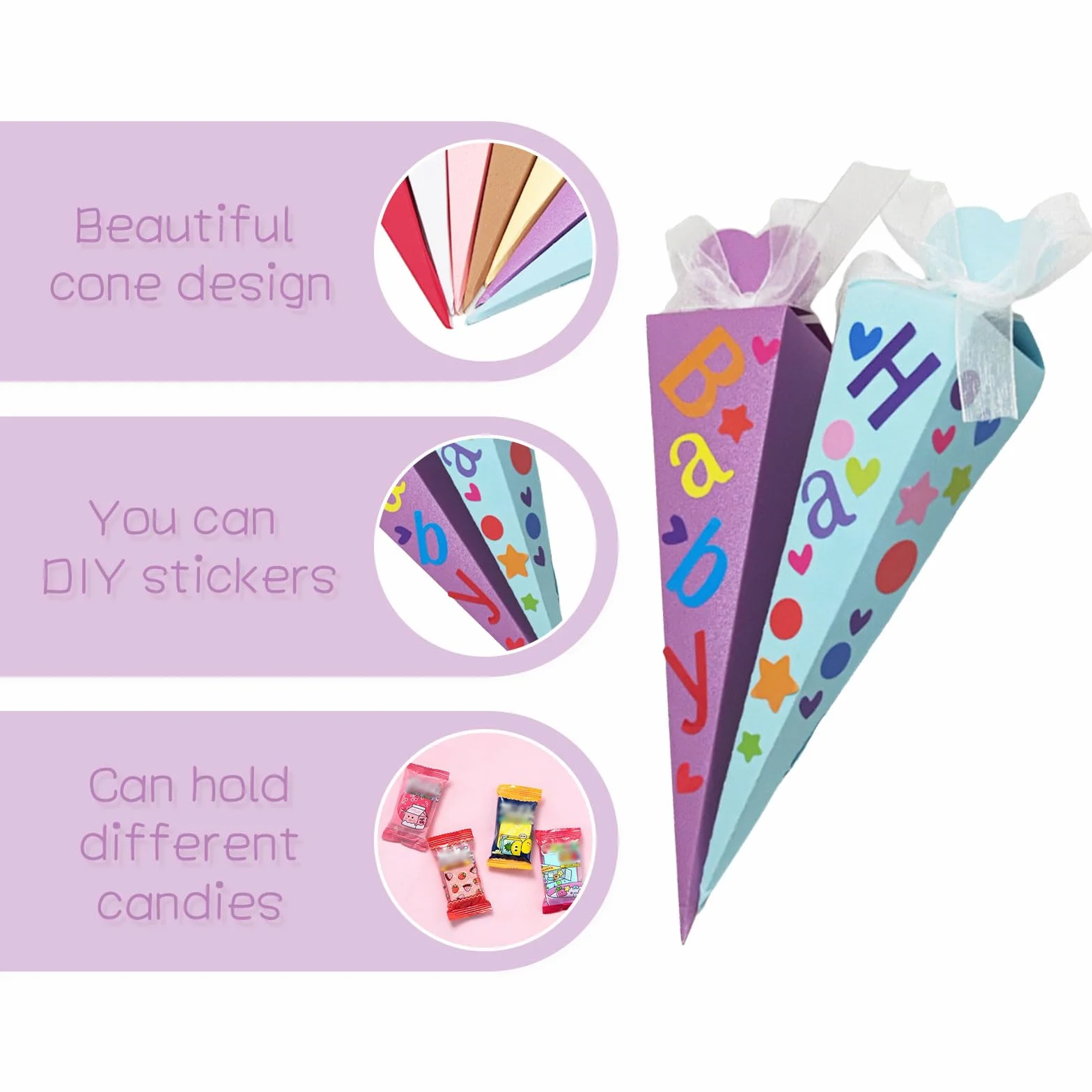 Pack de 32 Petits cônes d'école, Sacs Cadeaux décoratifs, Cornets de Sucre pour travaux manuels