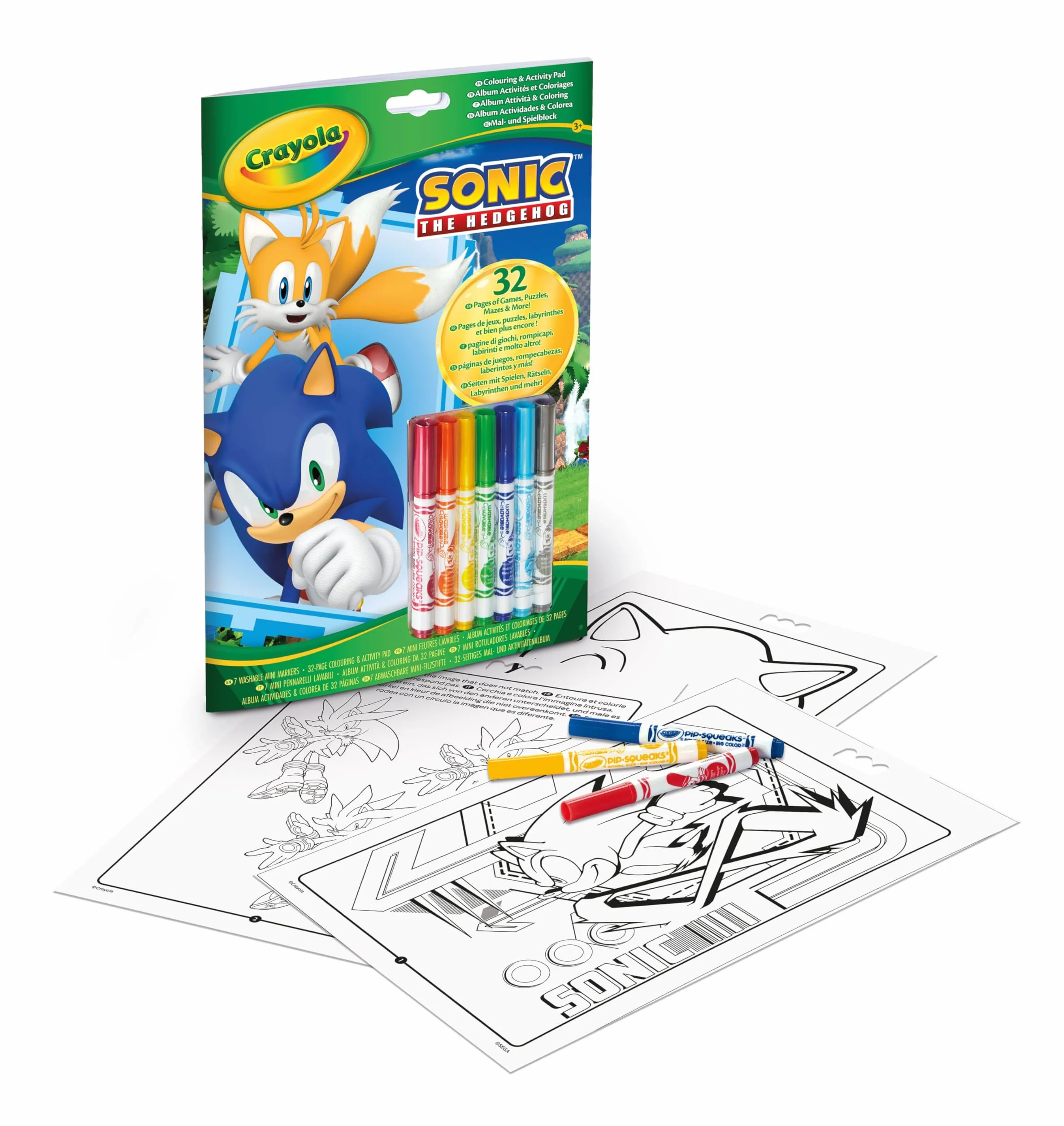 Crayola Album Activité et Coloriage Sonic, 32 Pages, 7 Mini-Feutres Lavables