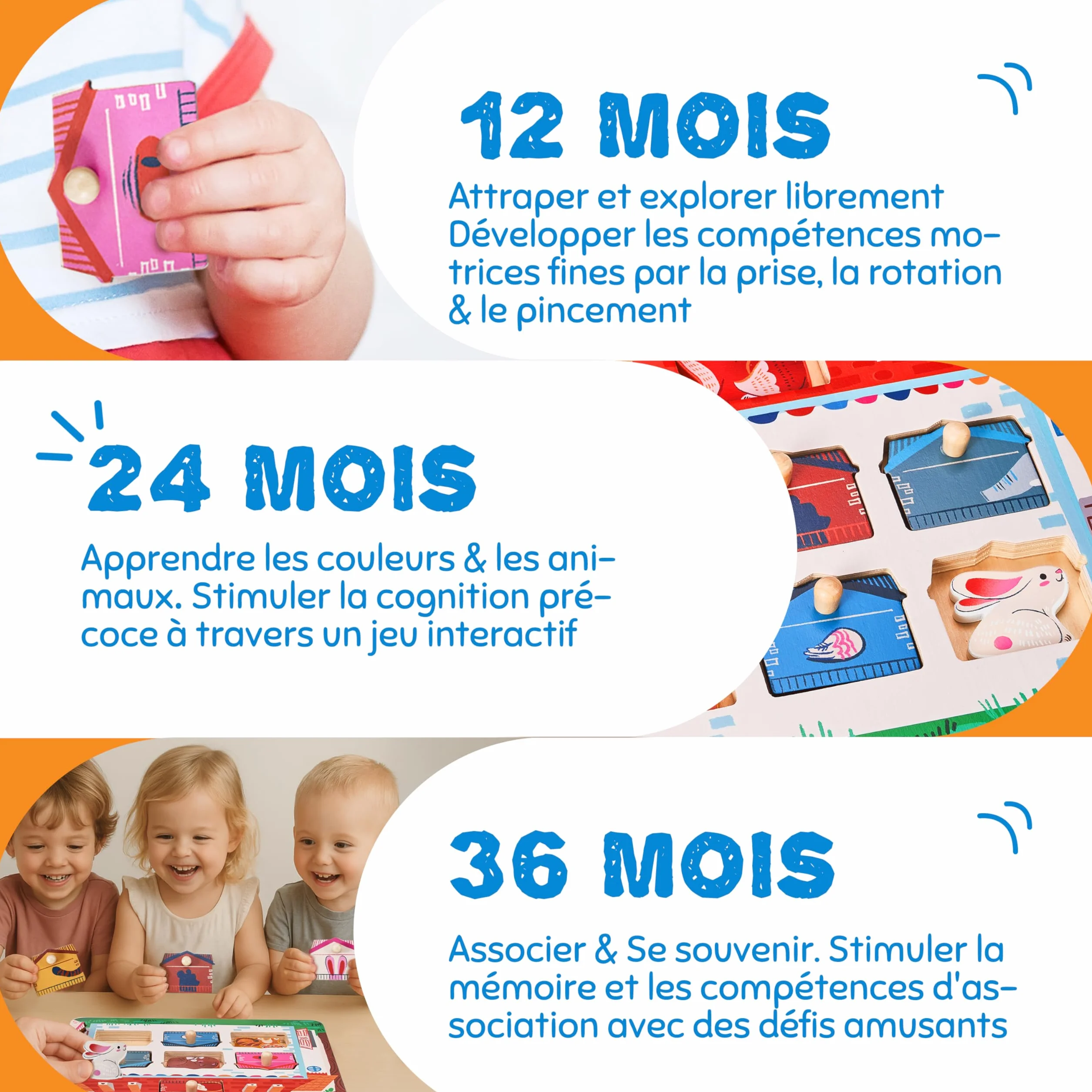 JoyCat Puzzle Bois Enfant 1 An Montessori Jouet Éducatif Animaux 7 Pièces Cadeau Anniversaire