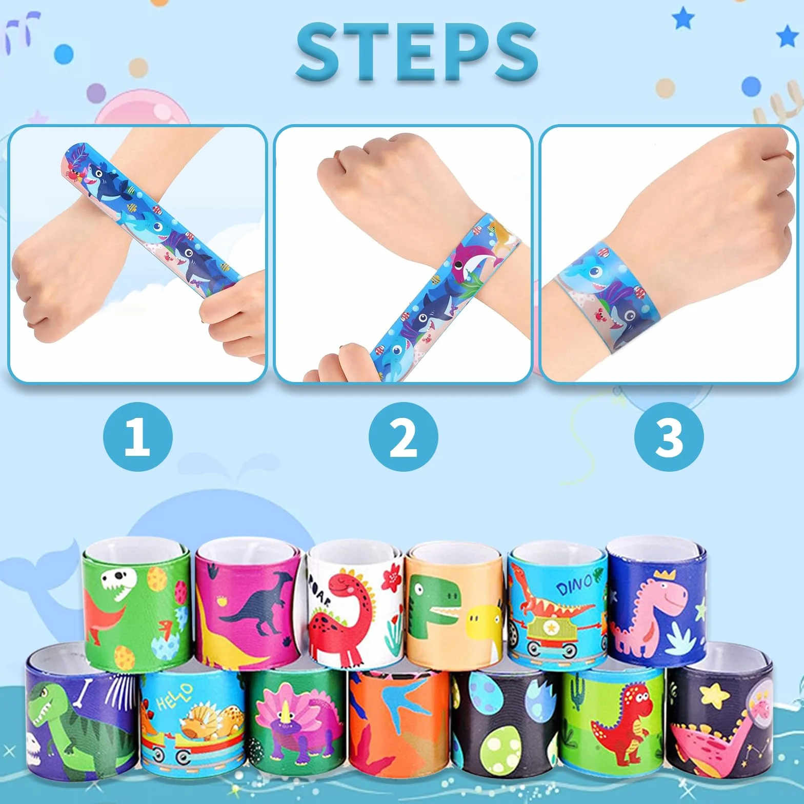 Slap Bracelet 40 pcs Motifs Animaux Forestiers Marins Dinosaures Bandes Cadeaux Anniversaire Jouets Garçons Filles