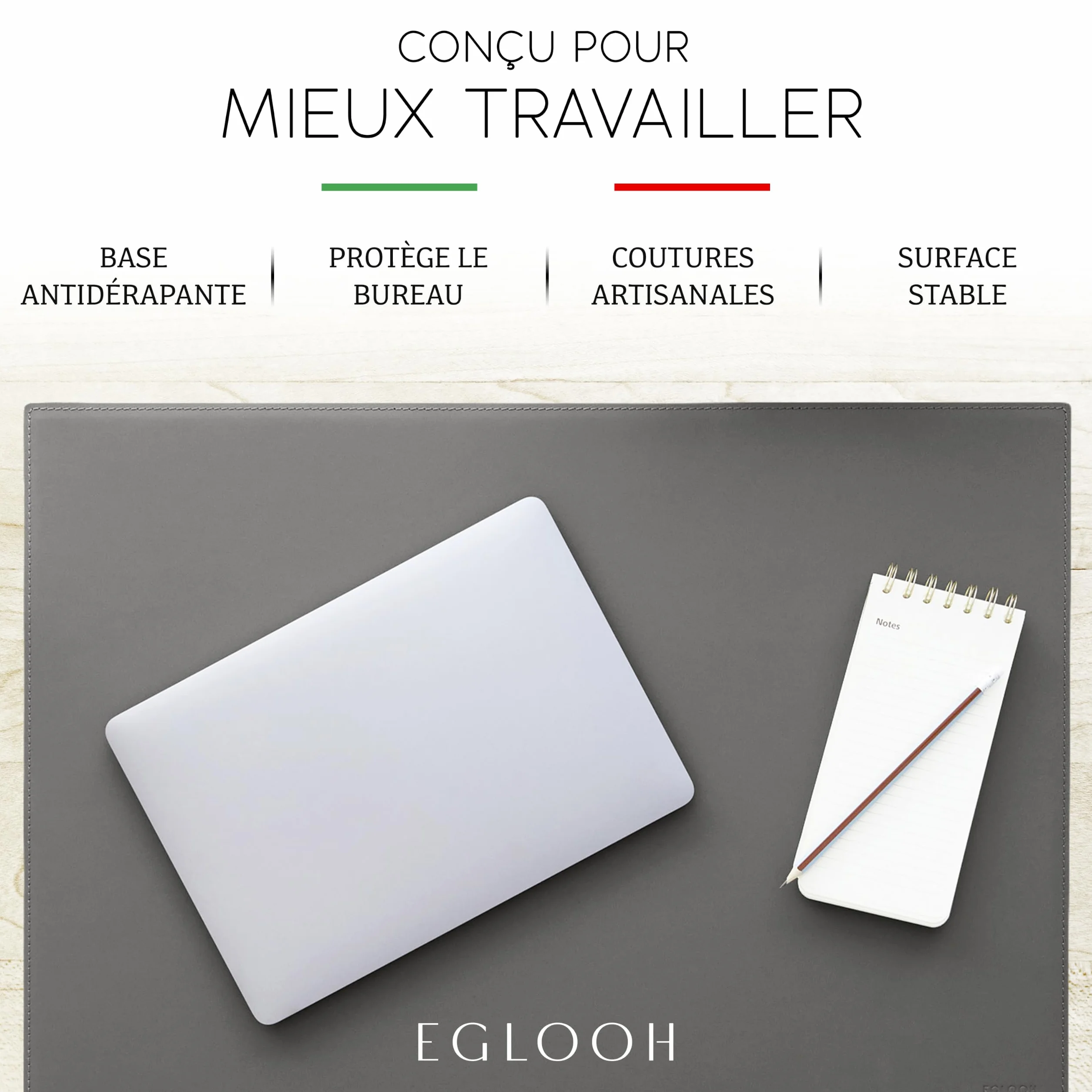 Eglooh Mercurio Sous main Bureau Cuir Noir 80x50 cm Coutures Artisanales Fond Antidérapant Made in Italy