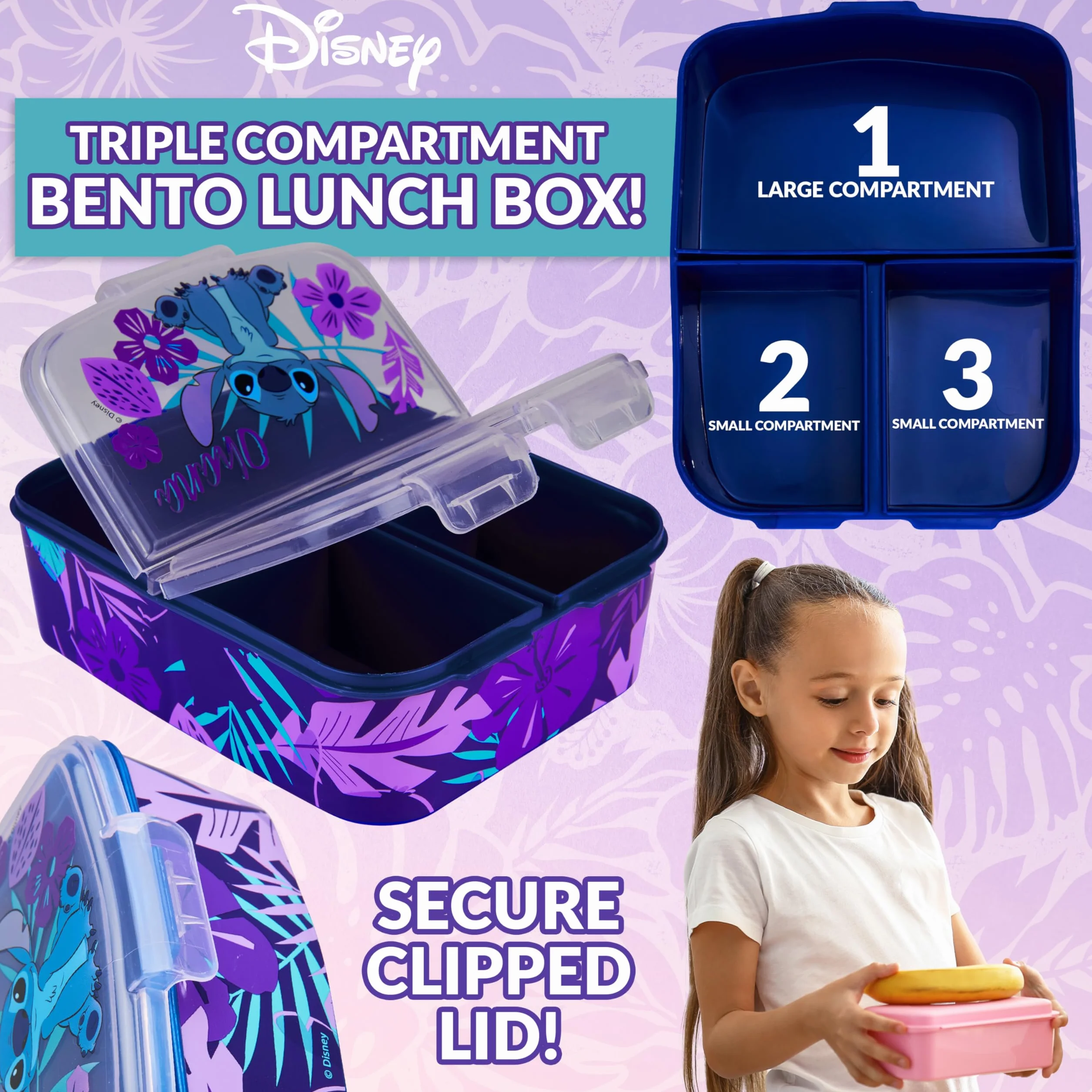 Disney Stitch Boîte à Goûter Enfant avec Compartiments et Gourde Bleu/Violet