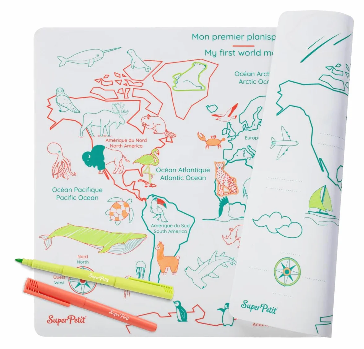 Planisphère réversible Silicone 40x30 cm Bilingue Français Anglais Montessori Jeu pédagogique +3 Ans