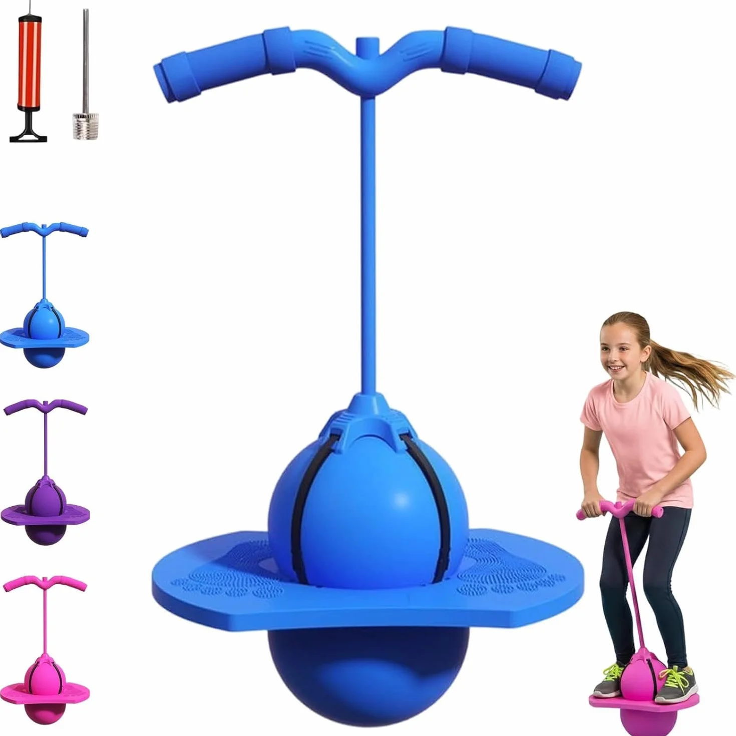 Ballon Sautoir Enfant Pogo Ball avec Poignée Antidérapant Jouet d'Intérieur Extérieur Sport Fitness Bleu