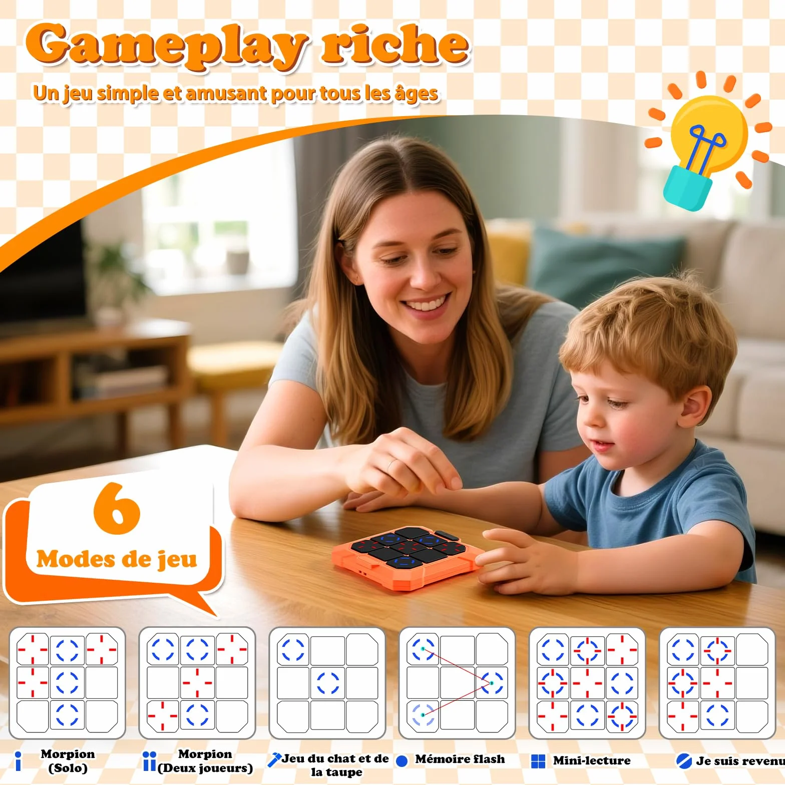 BlueSwan Morpion Électronique 6‑en‑1 Console de Jeu Portable Rechargeable avec Mode Silencieux Orange