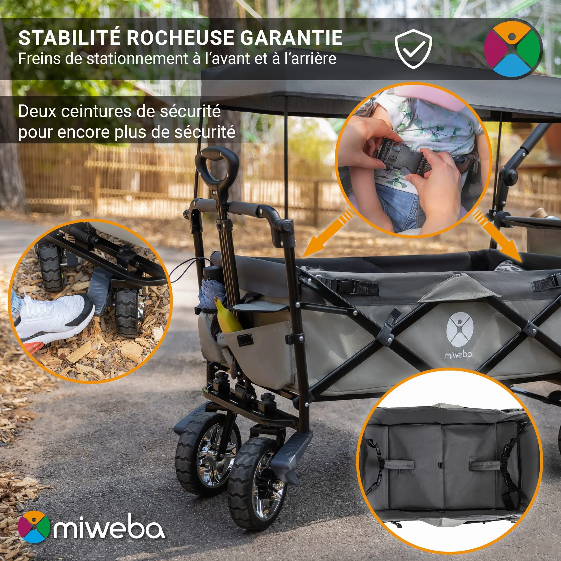 Miweba Chariot pour Enfants MB-20 - Chariot Pliable - Système de Harnais à 2X 3 Points - Frein de Stationnement - Roues en Caoutchouc Dur - Pare-Soleil avec Protection UV (Gris)