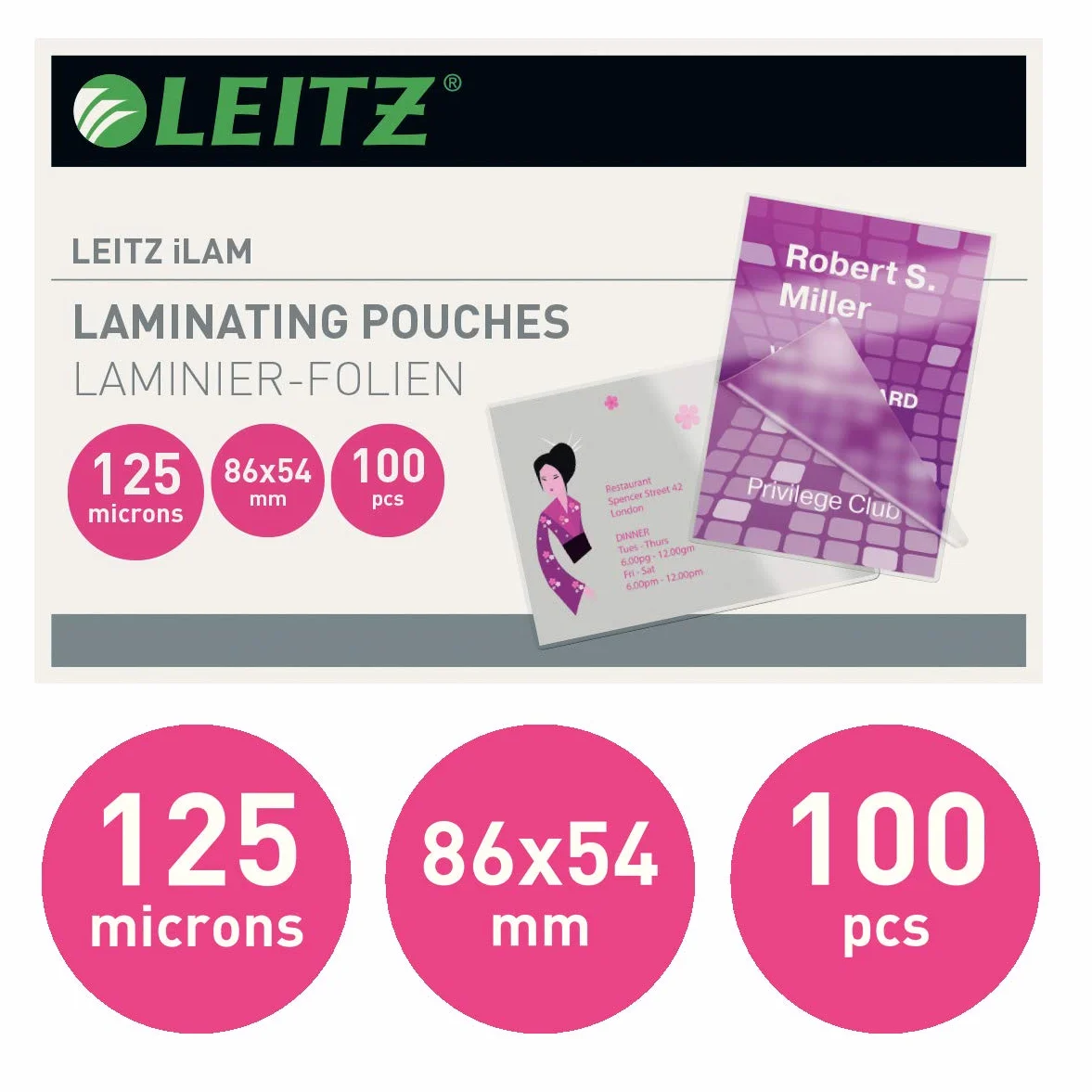 Leitz 100 Pochettes de plastification à chaud 125 microns 54 x 86 mm Brillant