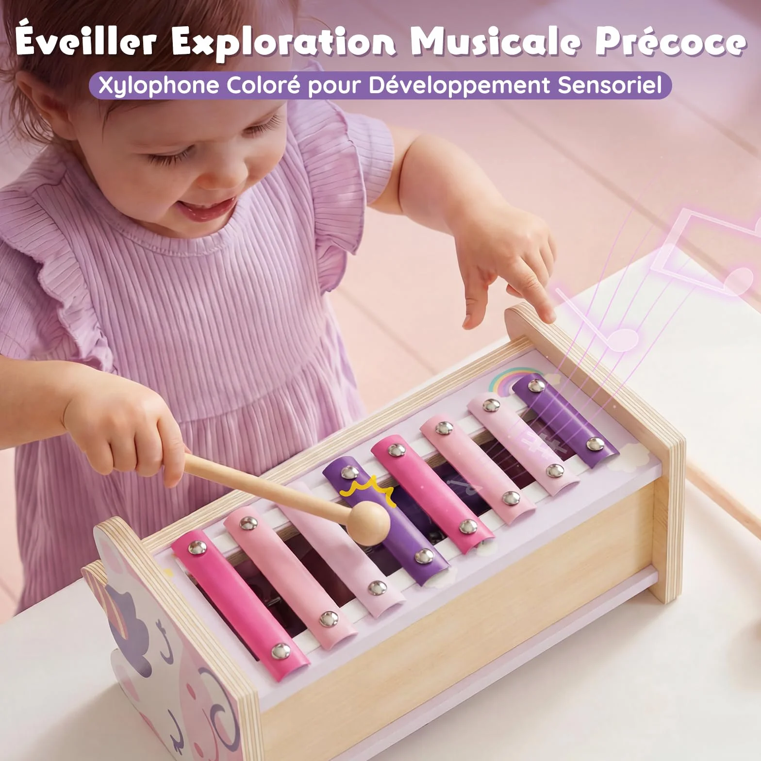 Jouets Montessori 1 An Bébés Jouet en Bois avec Xylophone et Marteaux Filles Jouets d'Éveil Motricité Cadeaux Éducatifs 1-3 Ans