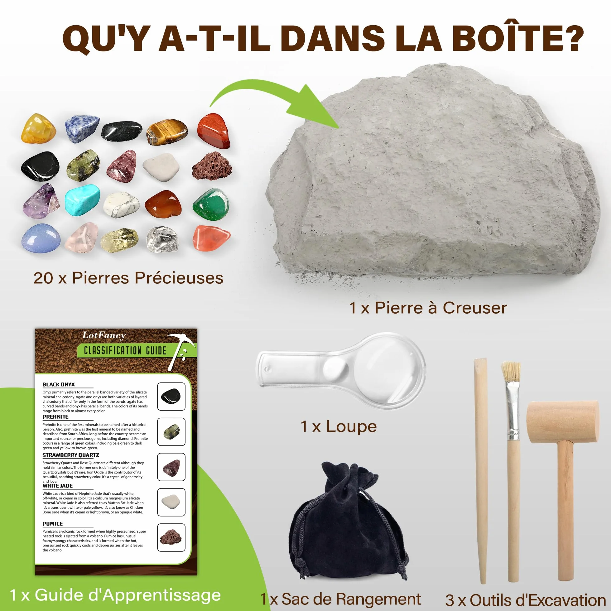 LotFancy Kit de Fouille de Pierres Précieuses - 20 Vraies Gemmes, Kit Scientifique pour Enfants 6-10 Ans, Cadeau Garçons Filles