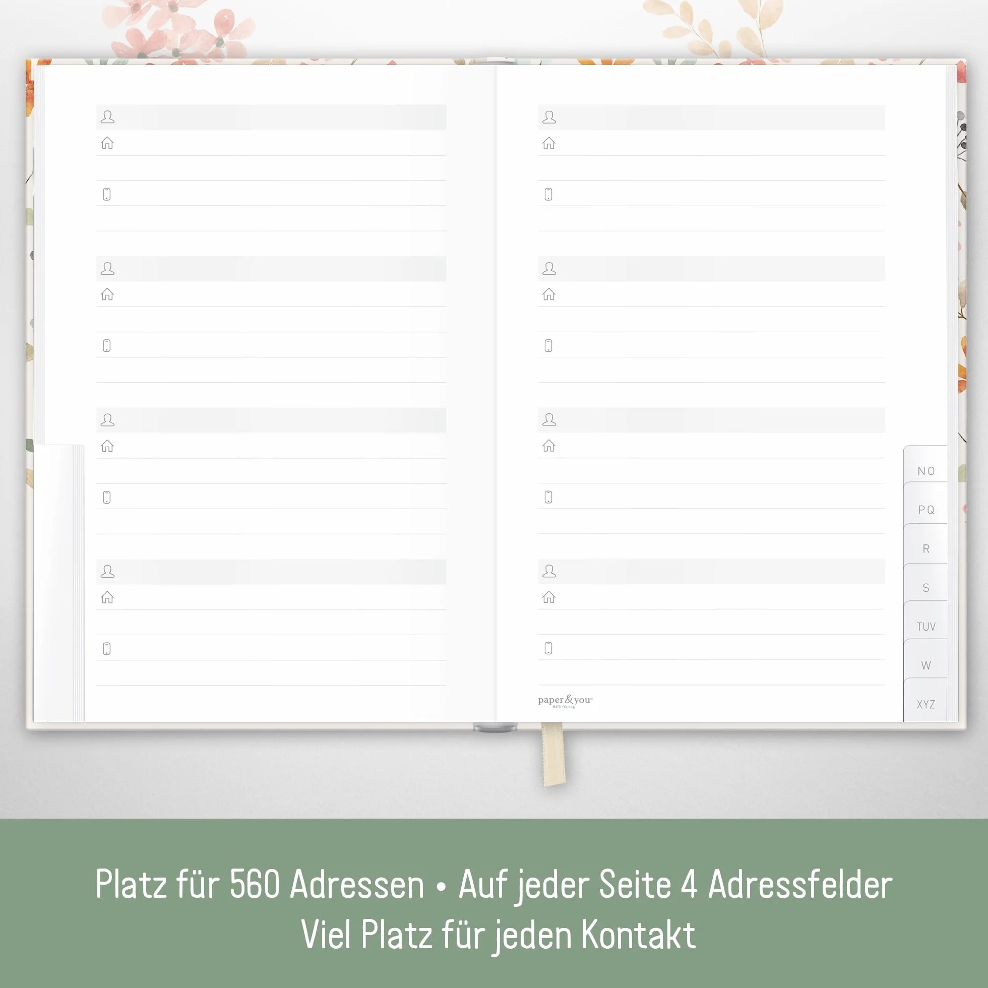 Paper&you Carnet d'adresses A6+ avec onglet A-Z et papier premium 120 g/m² Wild Blossoms - durable & respectueux au climat