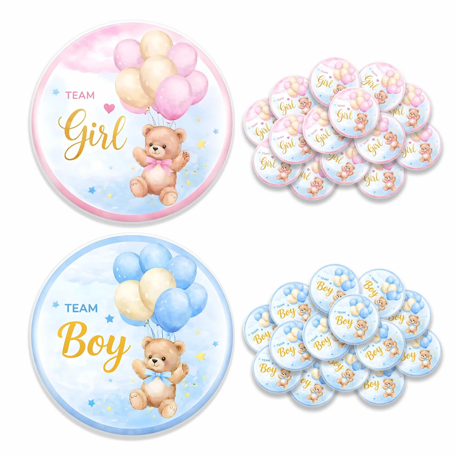 Gender Reveal Decoration Badge 50 Pièces Team Boy Team Girl Ourson Ballons Baby Shower