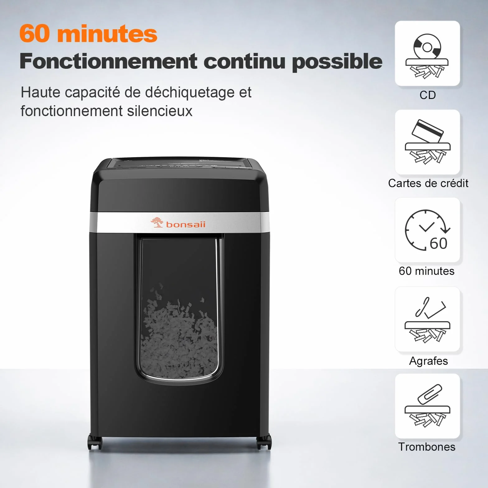 Bonsaii Destructeur de Documents Micro-Coupe P-4, Alimentation Automatique 300 Feuilles, 60 Min Continu, Bac 31L, C291-A