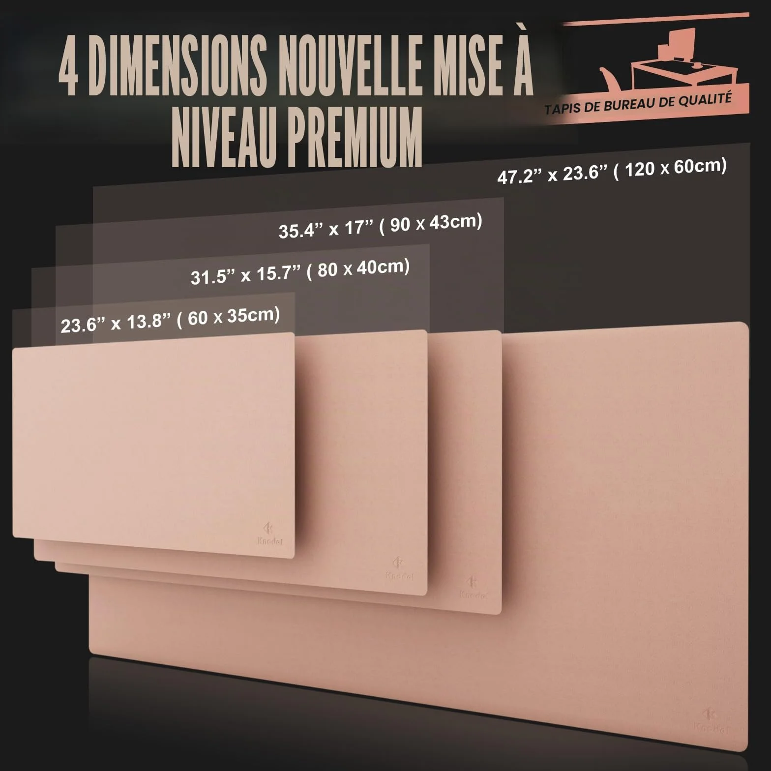 KNODEL Tapis de Bureau 40cm x 80cm Double Face Rose