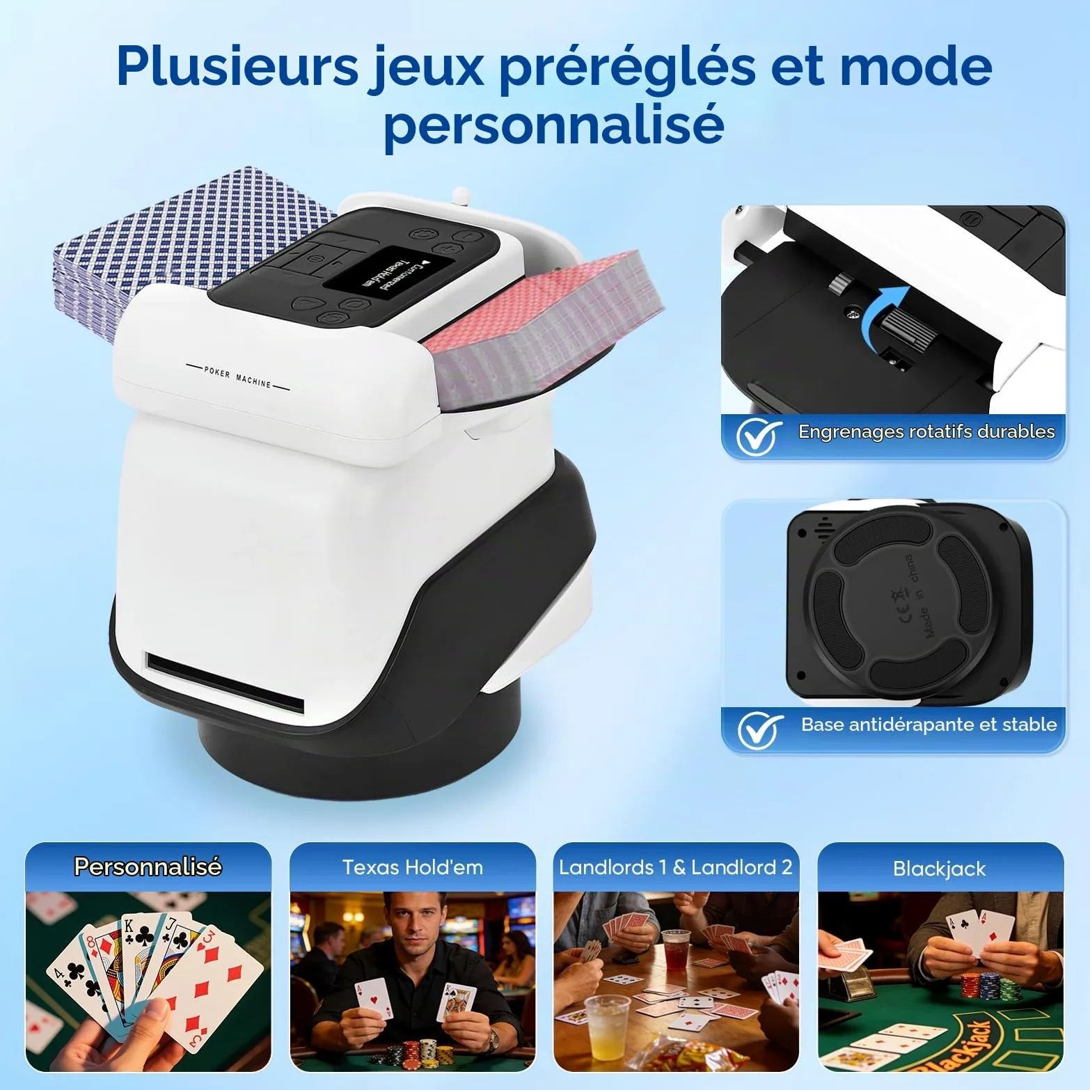 Mélangeur et Distributeur de Cartes Automatique 2-en-1 | Électrique | 4 Jeux & Jusqu'à 8 Joueurs | Réglable pour Texas Hold'em, Blackjack, Jeux de Société | Batterie 5200mAh | USB-C