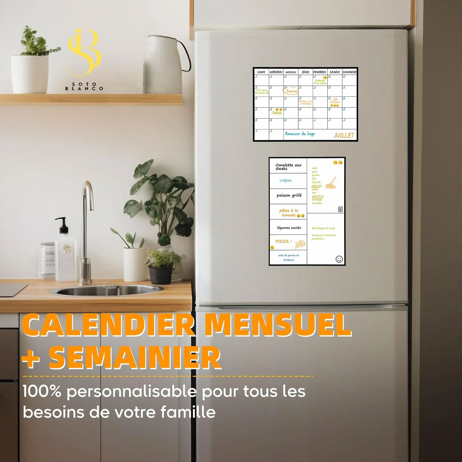 Calendrier Magnétique Mensuel A4 + Tableau Hebdomadaire A4 + Marqueurs Premium + Stickers | Planning Frigo Familial