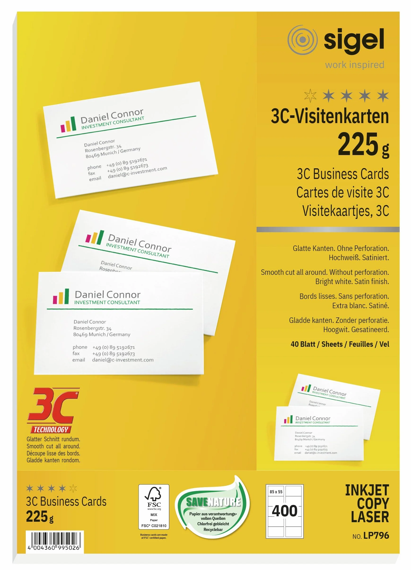 SIGEL Lp796 Cartes de Visite Imprimables 3C 8,5 x 5,5 cm 225 G Lot de 400