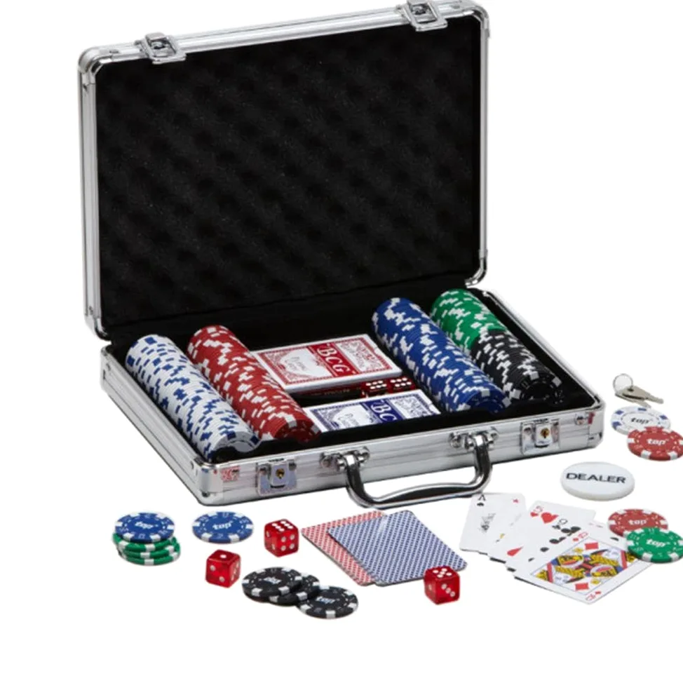 Mallette de poker avec 200 jetons de poker de 5 valeurs différentes, 5 dés, distributeur de jetons et 2 jeux de poker · Set de poker professionnel avec mallette de poker en aluminium solide