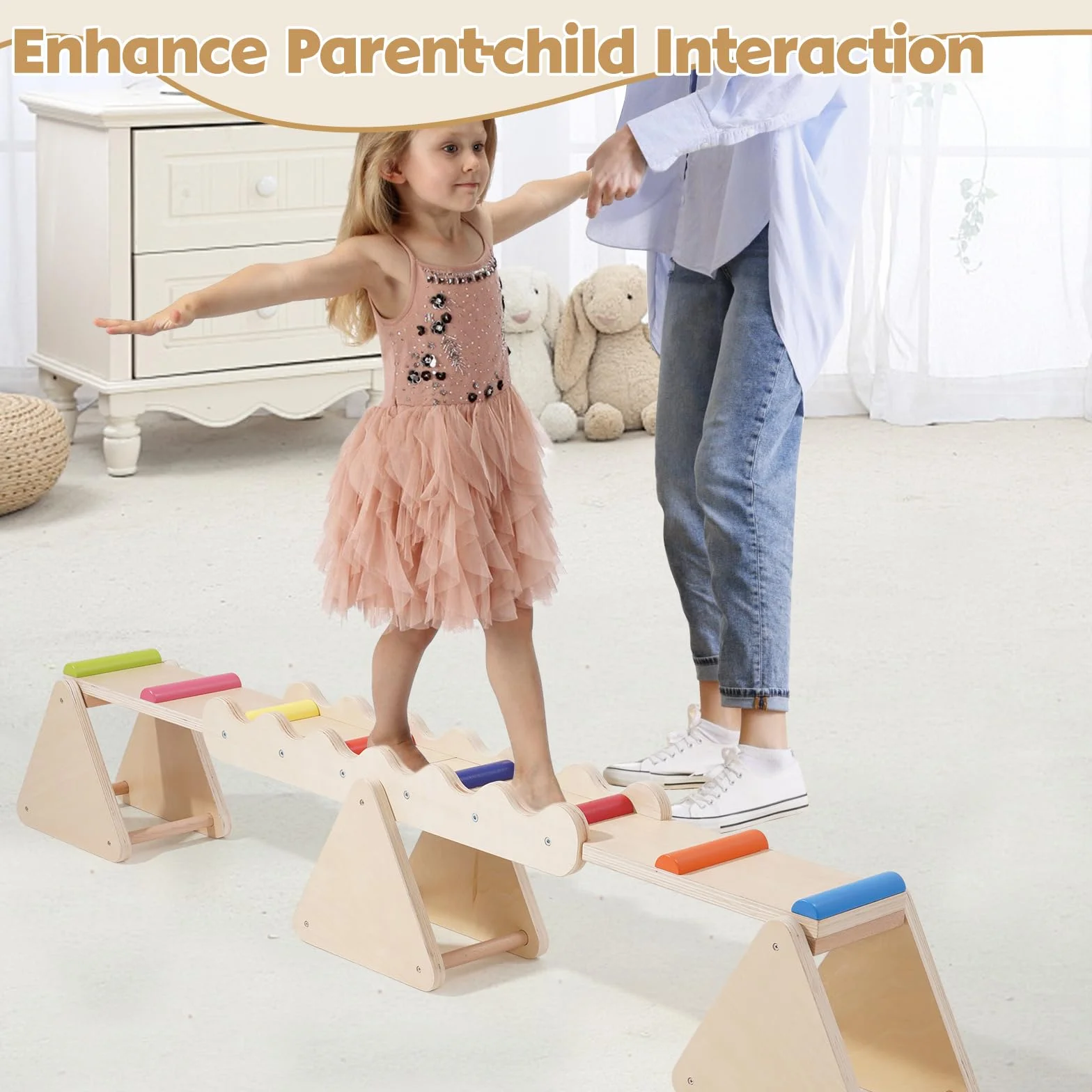 Poutre d'équilibre 2 en 1 en bois pour enfants, bascule et balançoire intérieur extérieur