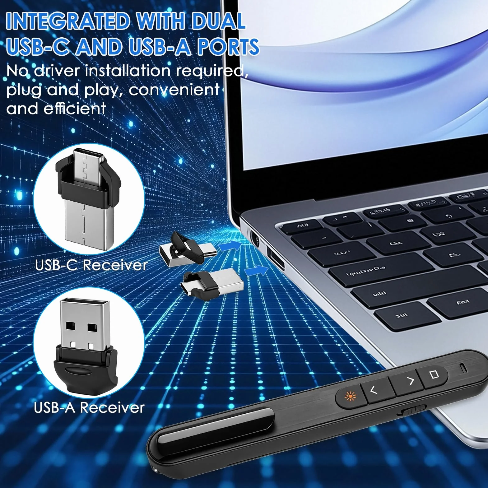Télécommande de Présentation sans Fil 2-en-1 USB-C & USB-A, Pointeur PowerPoint 2,4 GHz avec Contrôle du Volume et Hyperliens