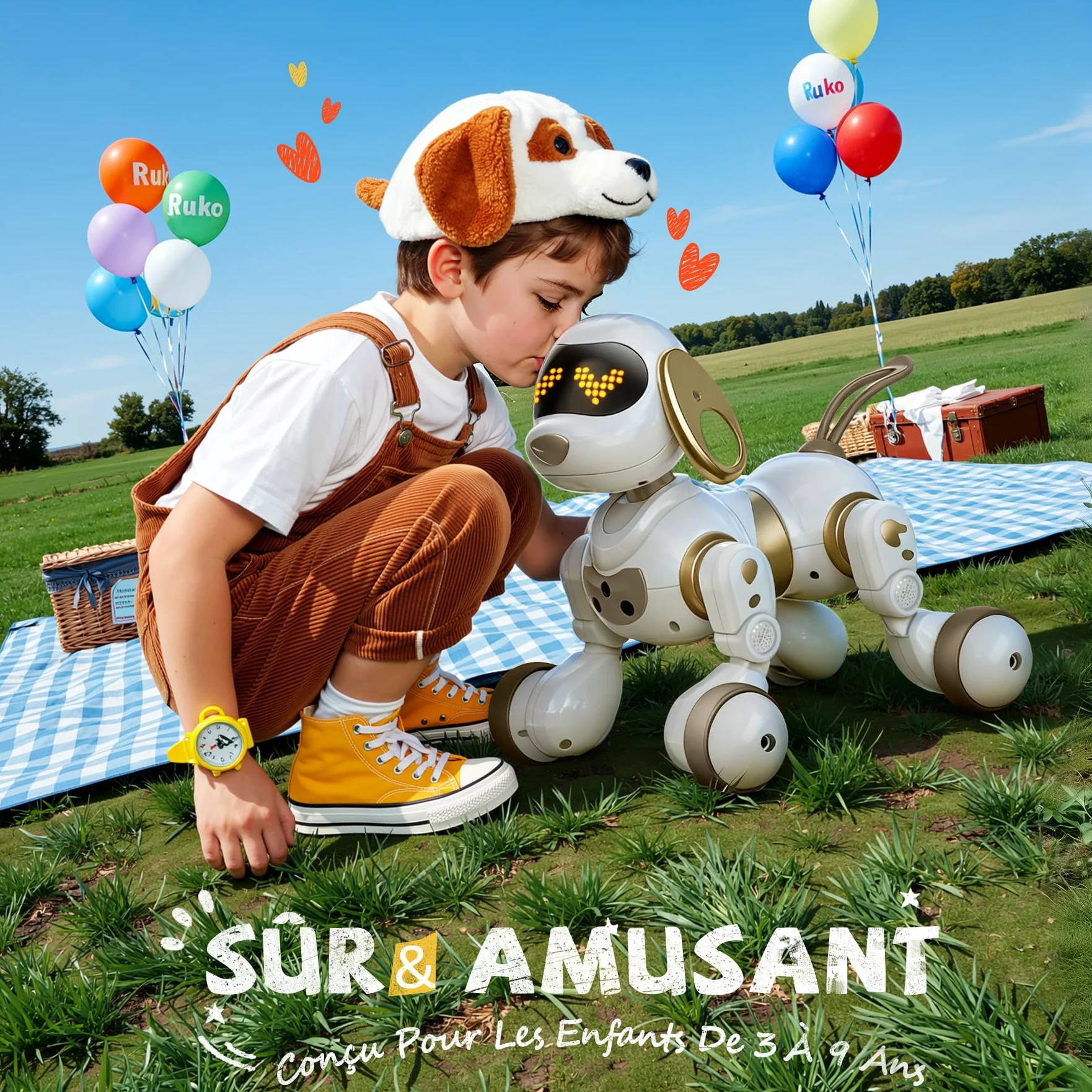 Ruko 18011 Chien Robot Intelligent Interactif avec Visages LED, Blanc Or | 50 mouvements programmables, contrôle gestuel et télécommande 2.4GHz, détection d’obstacles, jeu interactif, jouet dès 3 ans