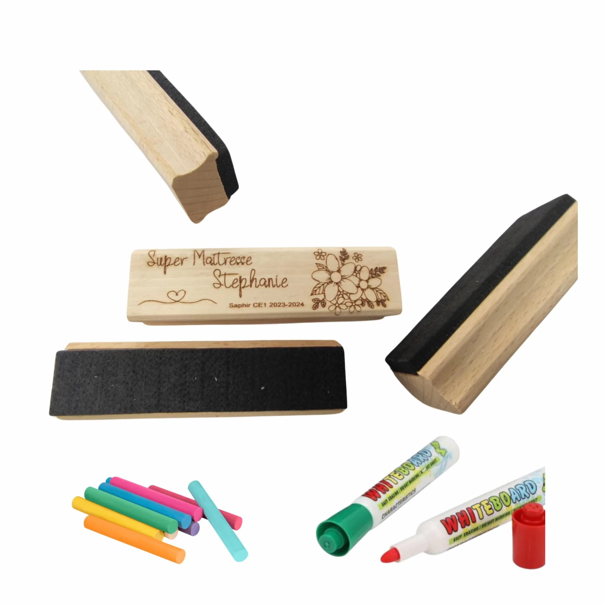 Brosse tableau personnalisée maîtresse gravée prénom fabrication artisanale France 9 modèles choix coeur lacet fleur