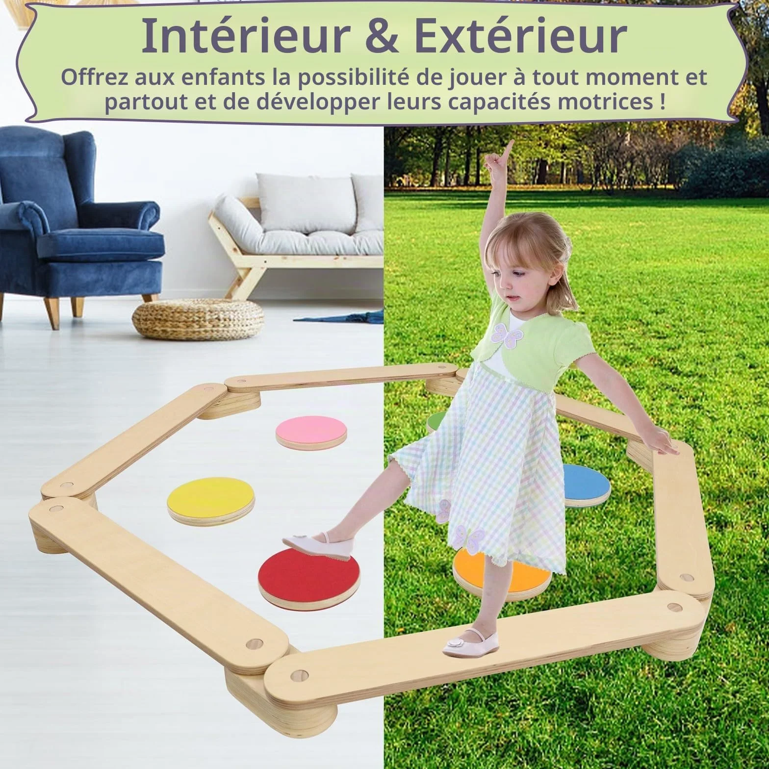 Poutre d'équilibre en bois avec 6 pierres d'équilibre pour enfants, jouet combinable intérieur extérieur à partir de 3 ans
