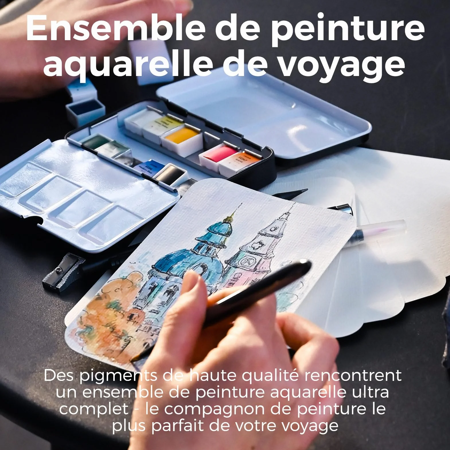 Set de voyage à l'aquarelle Funto 12 couleurs, 10 cartes postales, pinceau, stylo, crayon pour adultes