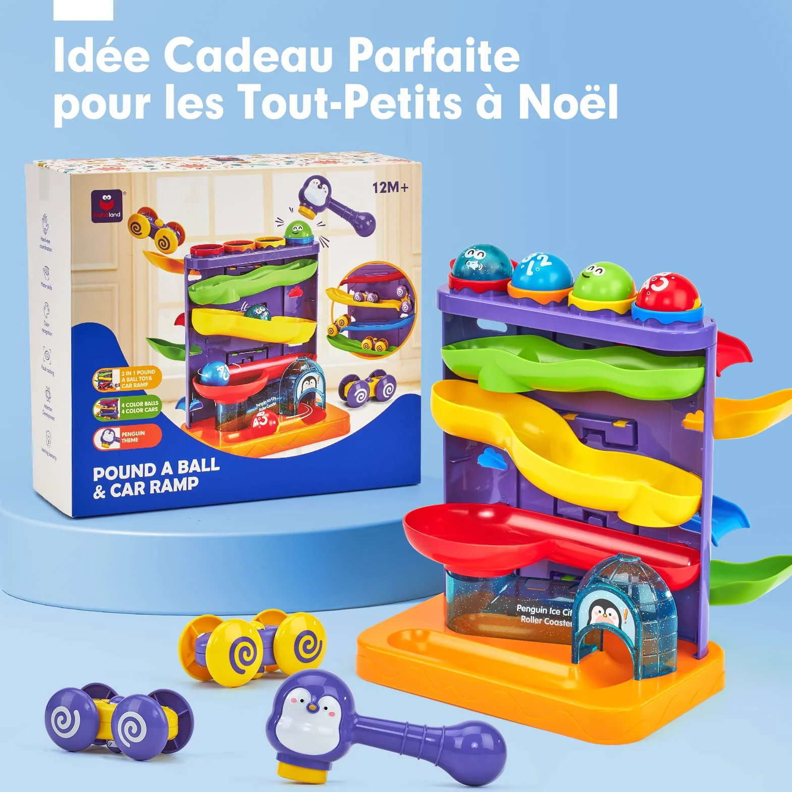 Jouet Bebe 1 an 2 En 1 Circuit Voiture & Pound A Ball Jouet Enfant 1 2 Ans avec Marteau et Balle, Jouets Éveil Montessori pour Garçon Fille 1 2 3 Ans