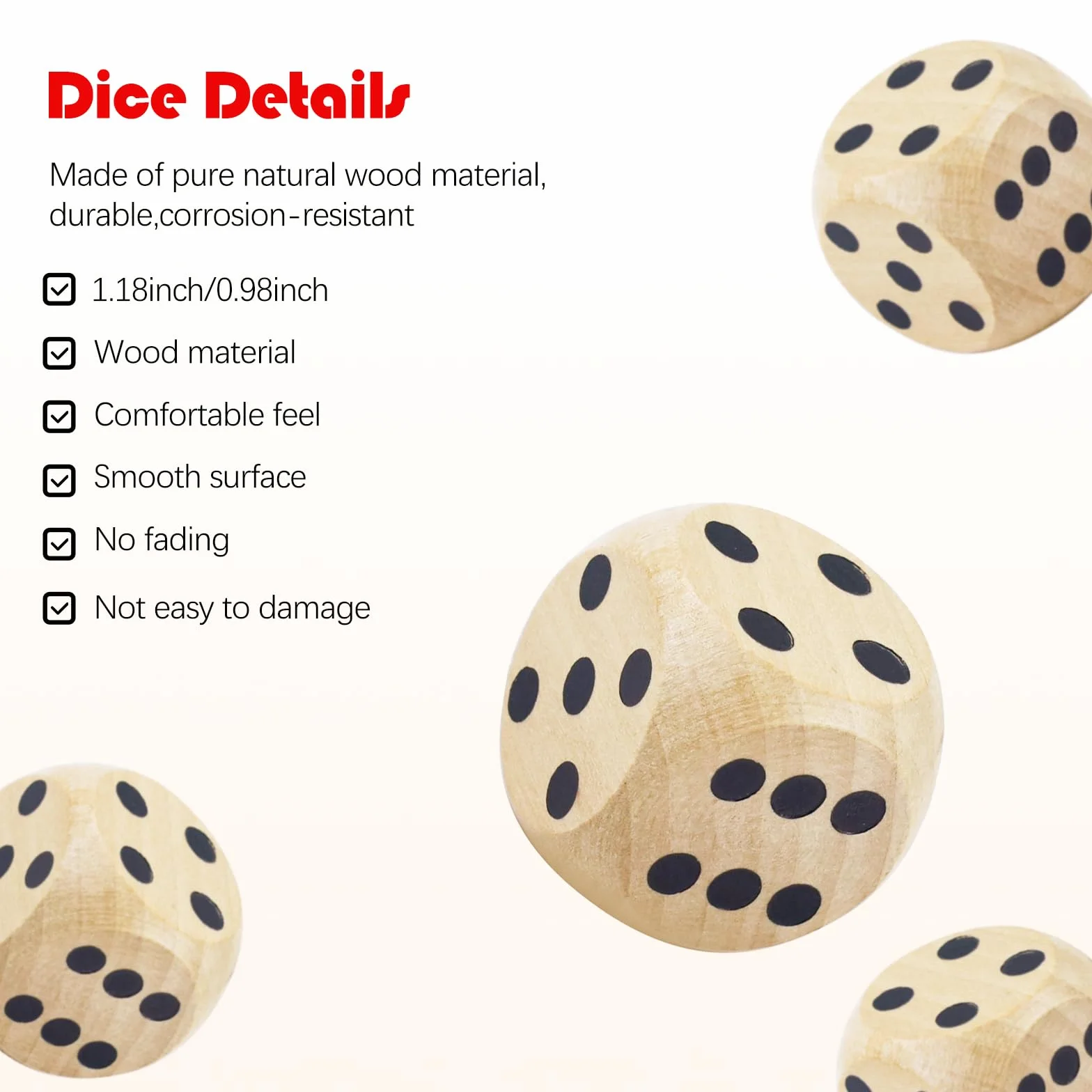 Grand Jeu de Dés en Bois 6 Pièces 25 mm D6 Cubes Naturel pour Jeux de Table