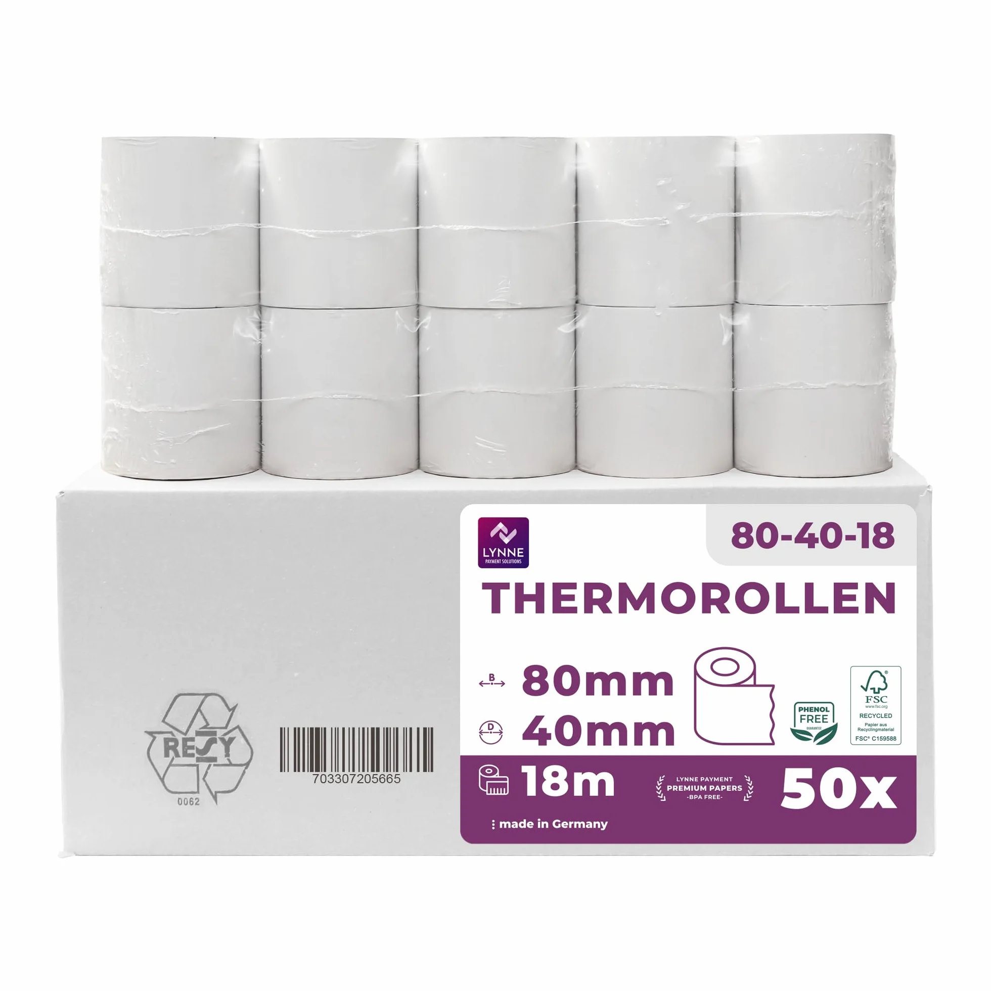 Rouleau Thermique 80x40x12 Bobine 80x40 pour Imprimante Thermique 80mm x 18m x 12mm Sans BPA 50x