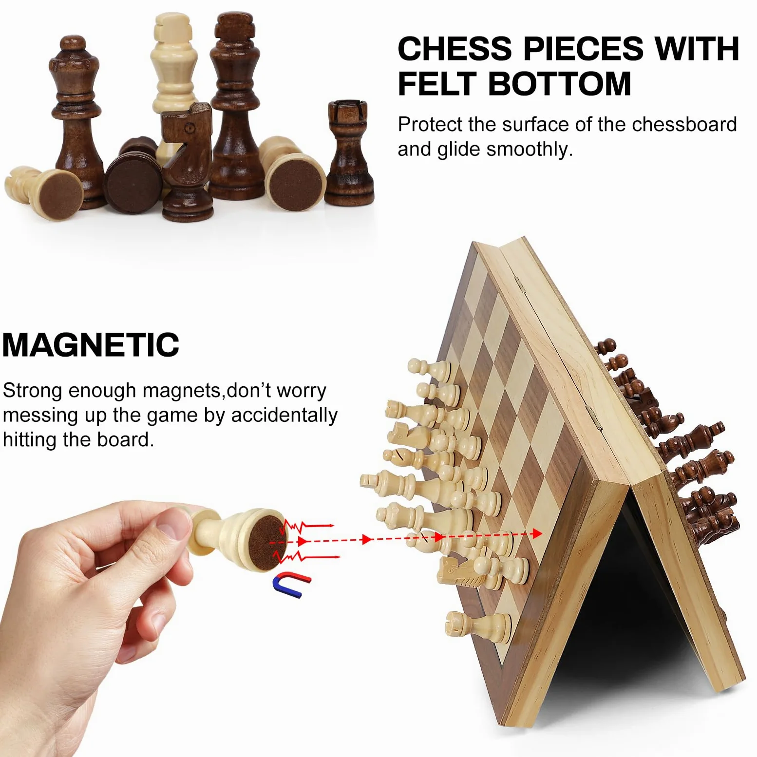 LEAP Jeu d'échecs magnétique en bois pliable de 39 cm - 7,62 cm - King Size - Jeu d'échecs de voyage avec 2 pièces supplémentaires et emplacements de rangement pour adultes