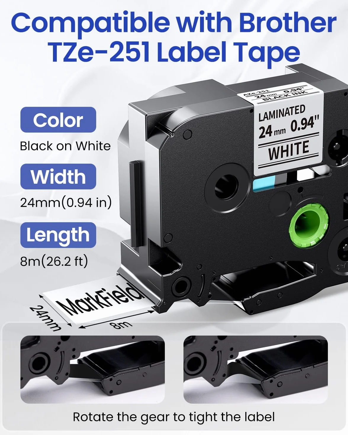 MarkField TZe-251 24mm Ruban Compatible Brother P-touch Noir sur Blanc TZ TZe251 0.94" Cassette 4 Pack