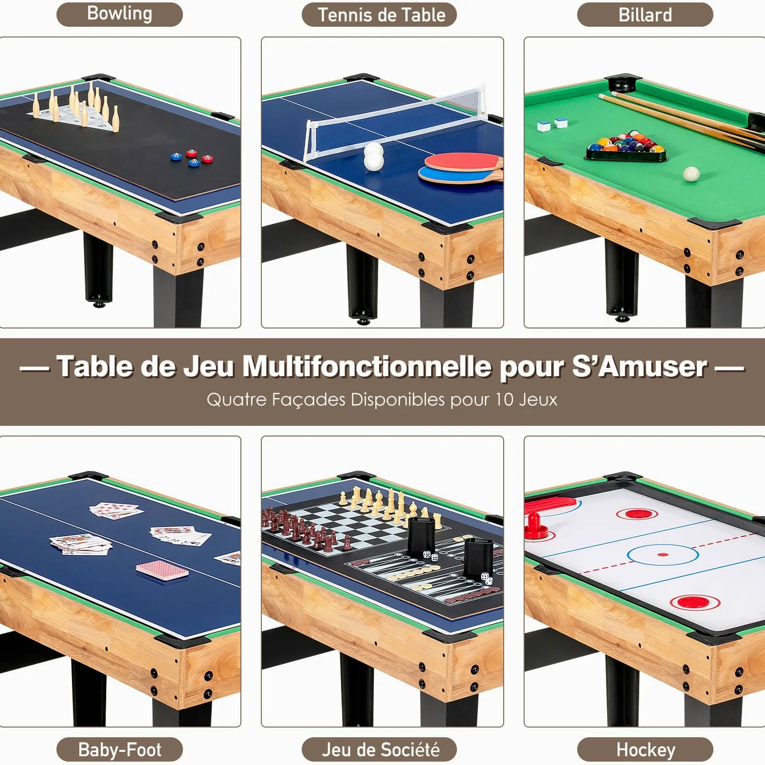 COSTWAY 10 en 1 Table de Baby-Foot avec Billard Hockey Shuffleboard Bowling, Table Multijeux Empilable avec Pieds Réglables & Marqueur, Jouet d'arcade pour Adulte Enfant pour Fête Bar Salle de Jeux