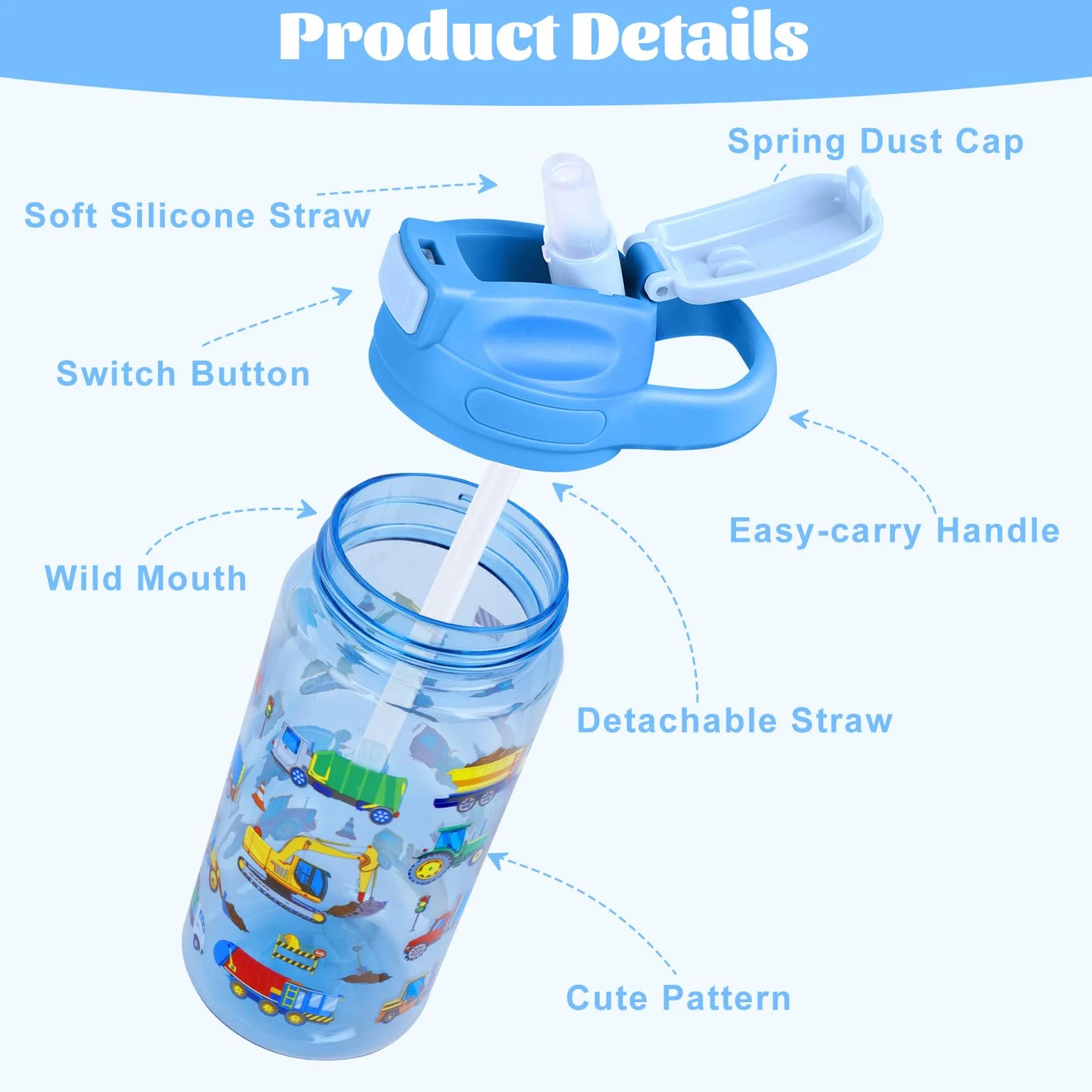 Gourde Enfant Anti-Fuite 480ml avec Paille et Poignée Sans BPA Bouteille Sport École