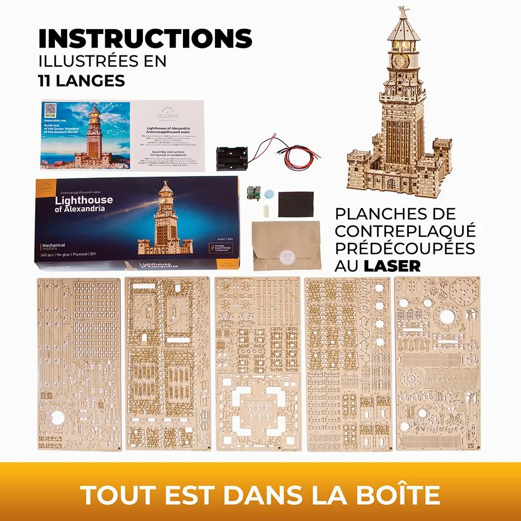 Puzzle 3D Ugears Phare d'Alexandrie - Kits de Bricolage pour Adultes avec veilleuse LED - Modèle en Bois à Assembler - Cadeau Parfait pour Les Adultes - 340 pièces