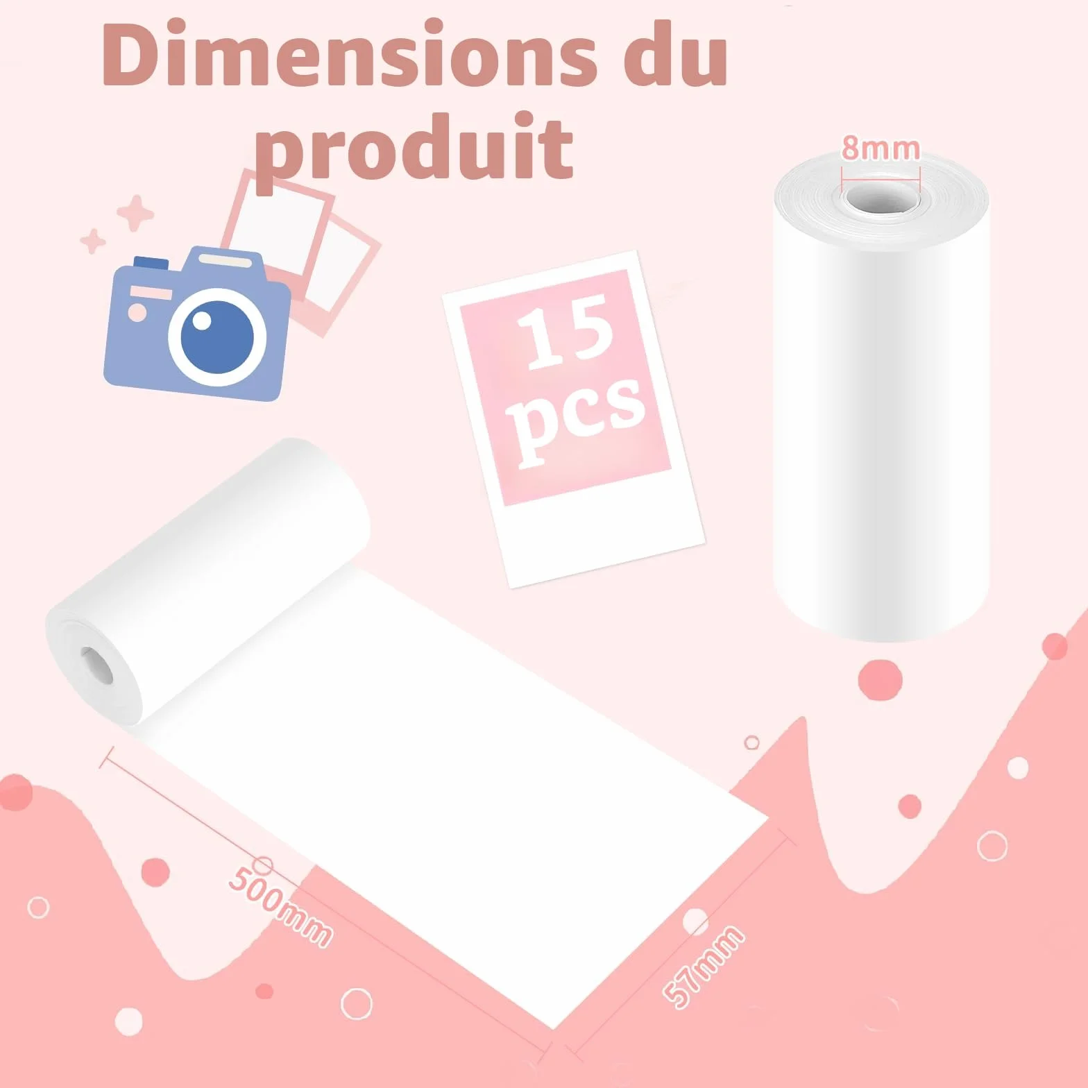 Papier Thermique pour Appareils Photo Instantanés 57 mm x 500 mm 15 Bobines