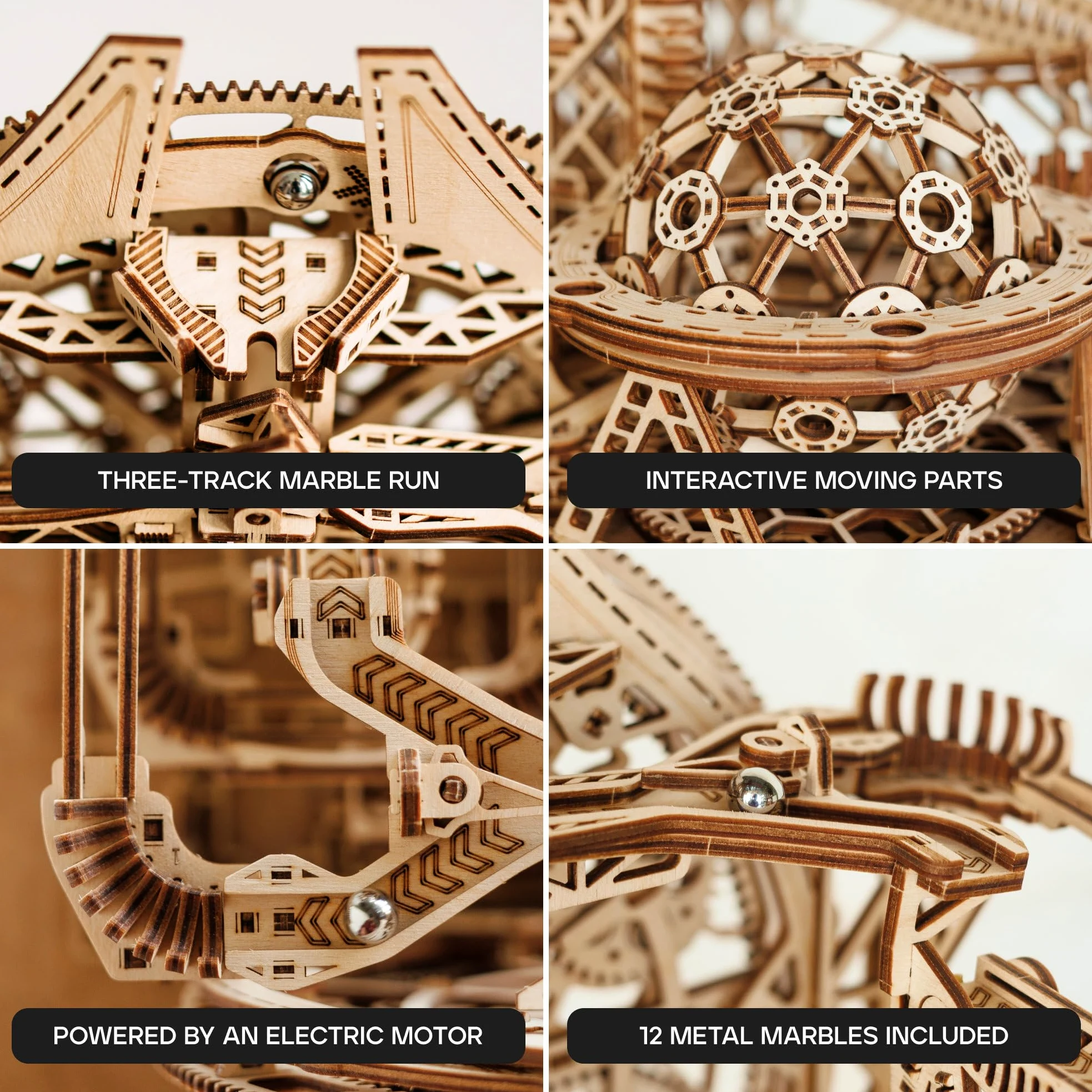 Wood Trick Galaxy Marble Run - Puzzles 3D en Bois à Construire pour Adultes et Enfants - Fonctionnement électrique - Kits de modèles en Bois de Montagnes Russes pour Adultes et Adolescents | [678 Pièces] Montagnes Russes Motorisées - 3 Voies - Kit de Maqu