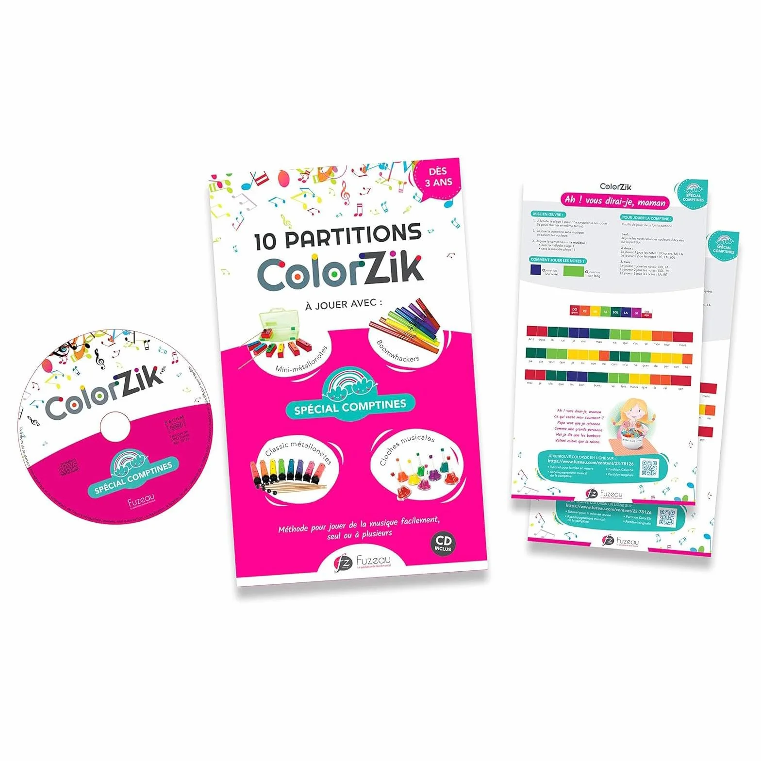 Fuzeau Livret Musical Pédagogique CD Audio Colorzik Comptines 10 Partitions Codées en Couleurs Paroles Incluses dès 3 Ans Méthode Intuitive