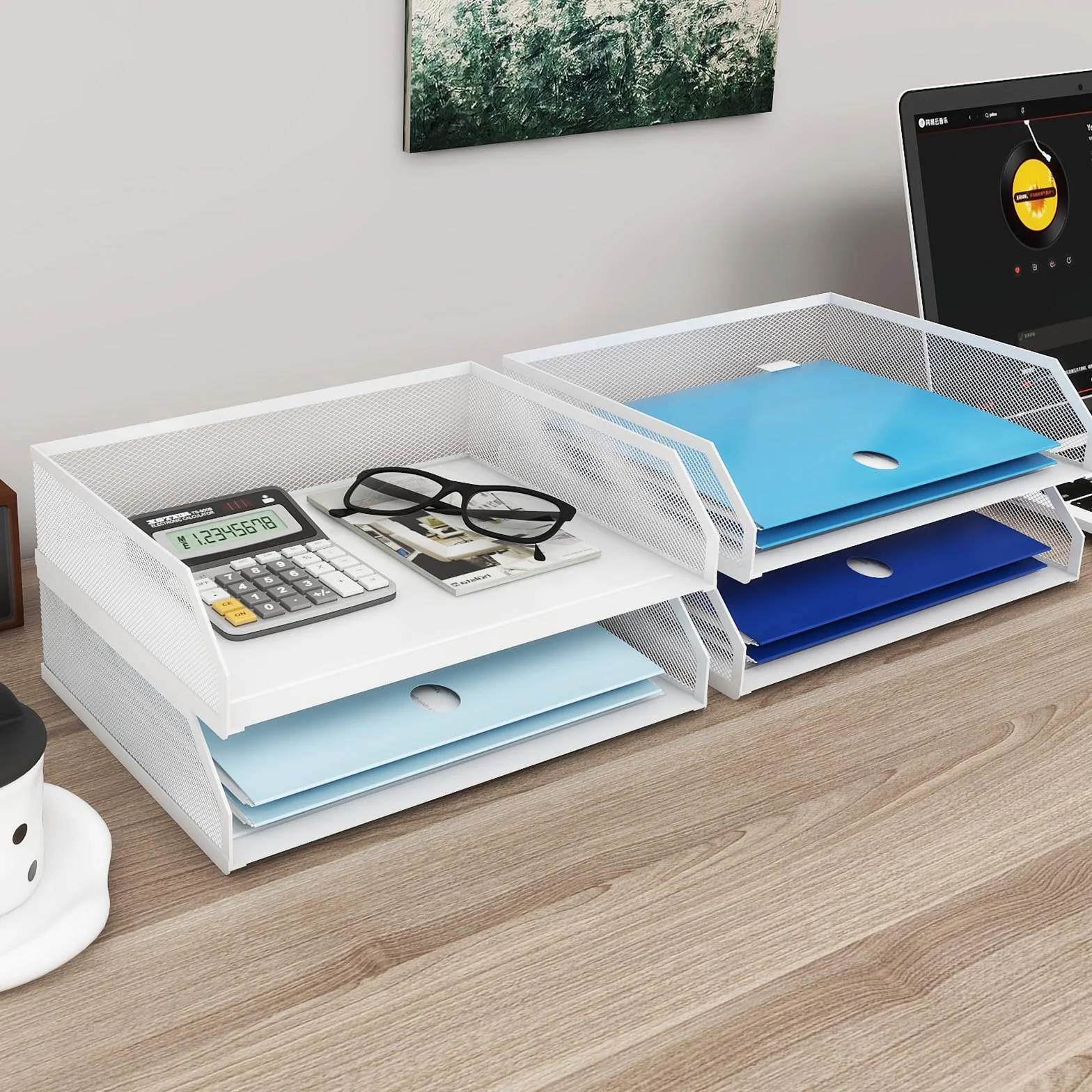 PUNCIA Corbeilles à Courrier Métallique 4 Niveaux Organiseur de Bureau Rangement Documents Blanc