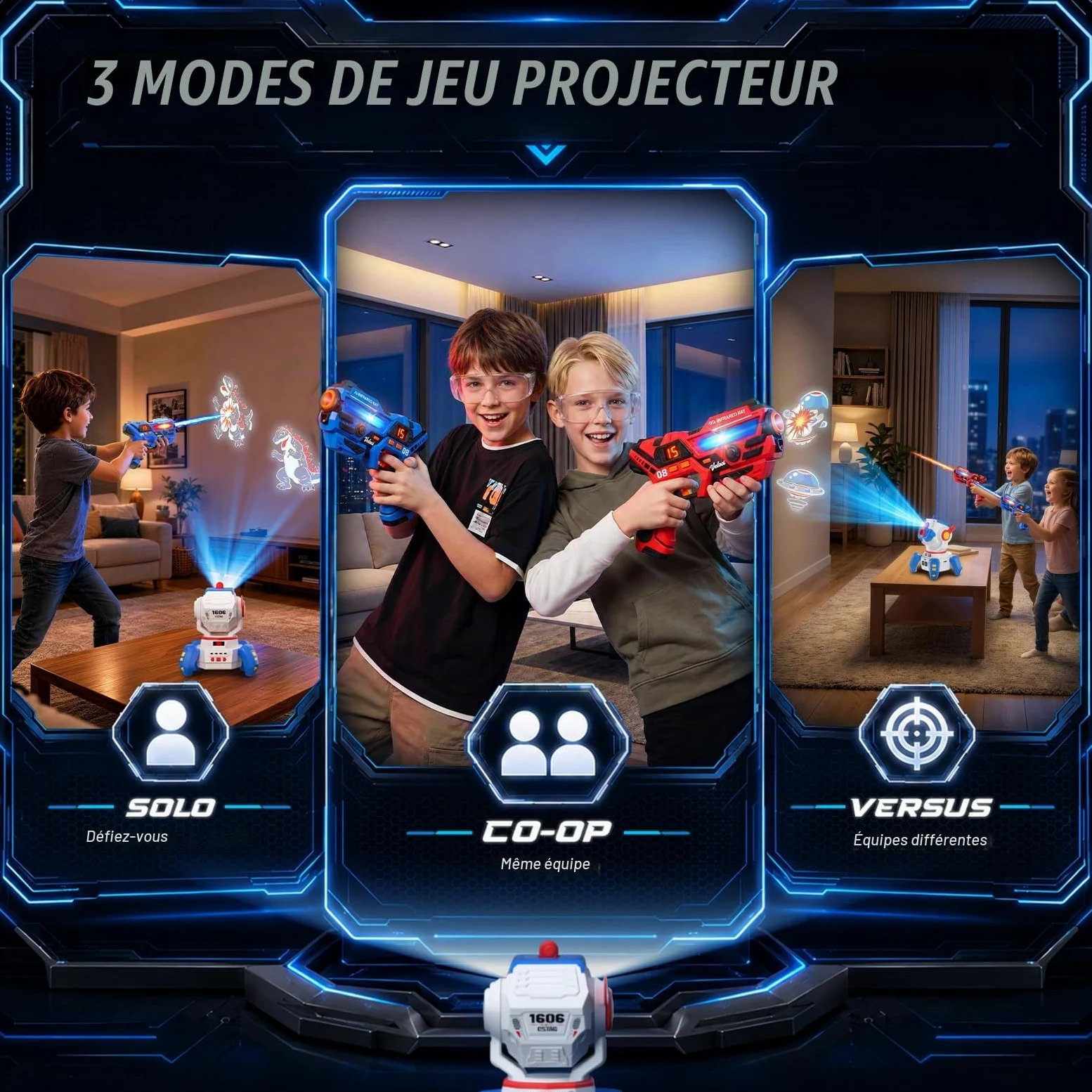 VATOS Set Laser Tag Rechargeable 2 Joueurs, Pistolets Laser Infrarouges et Projection Interactive (Écran LED + 3 Cartes Cibles), Jeu Laser Intérieur/Extérieur pour Enfants, Ados et Famille dès 6 Ans