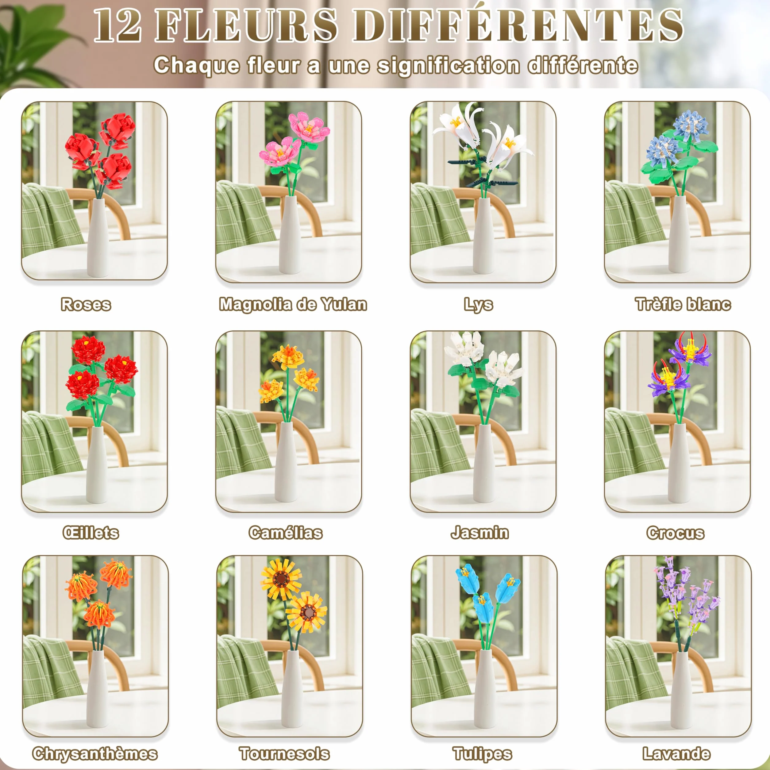 Kit de Construction Bouquet de Fleurs Charmofun, 1064PCS LED Blocs de Fleurs, 12 Types de Bouquets, Cadeau Fête des Mères Anniversaire Noël