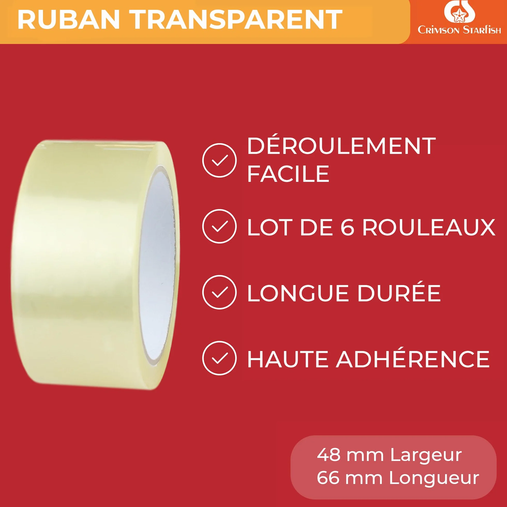 Ruban Adhésif Transparent 48mm x 66m 6 Rouleaux pour Colis Cartons Déménagement