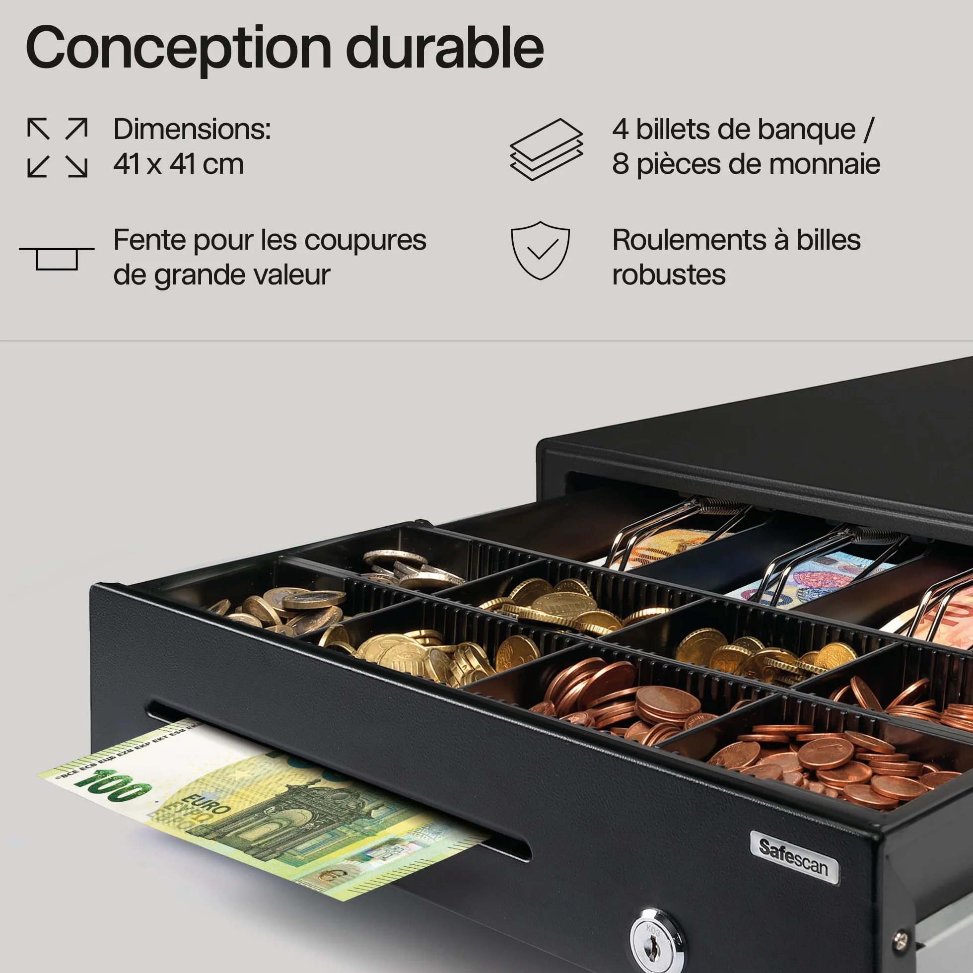 Safescan SD-4141 tiroir-caisse 4 emplacements billets 8 emplacements pièces RJ-12 41 x 41.5 x 11.5 cm