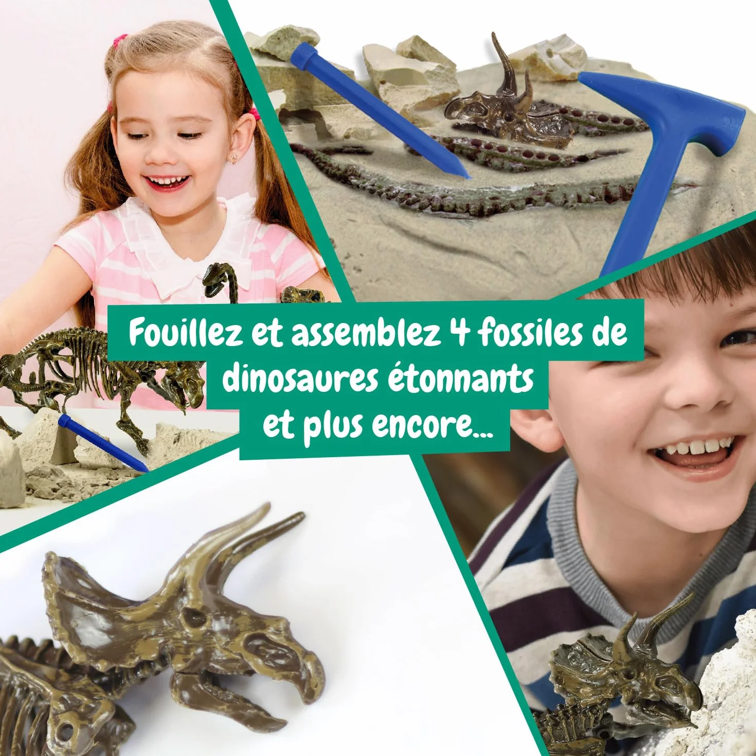 Science4you Kit de Fouille de Fossiles 4 en 1 pour Enfants 5-10 Ans - Excaver et Assembler 4 Dinosaures T-Rex Triceratops Velociraptor Stegosaurus
